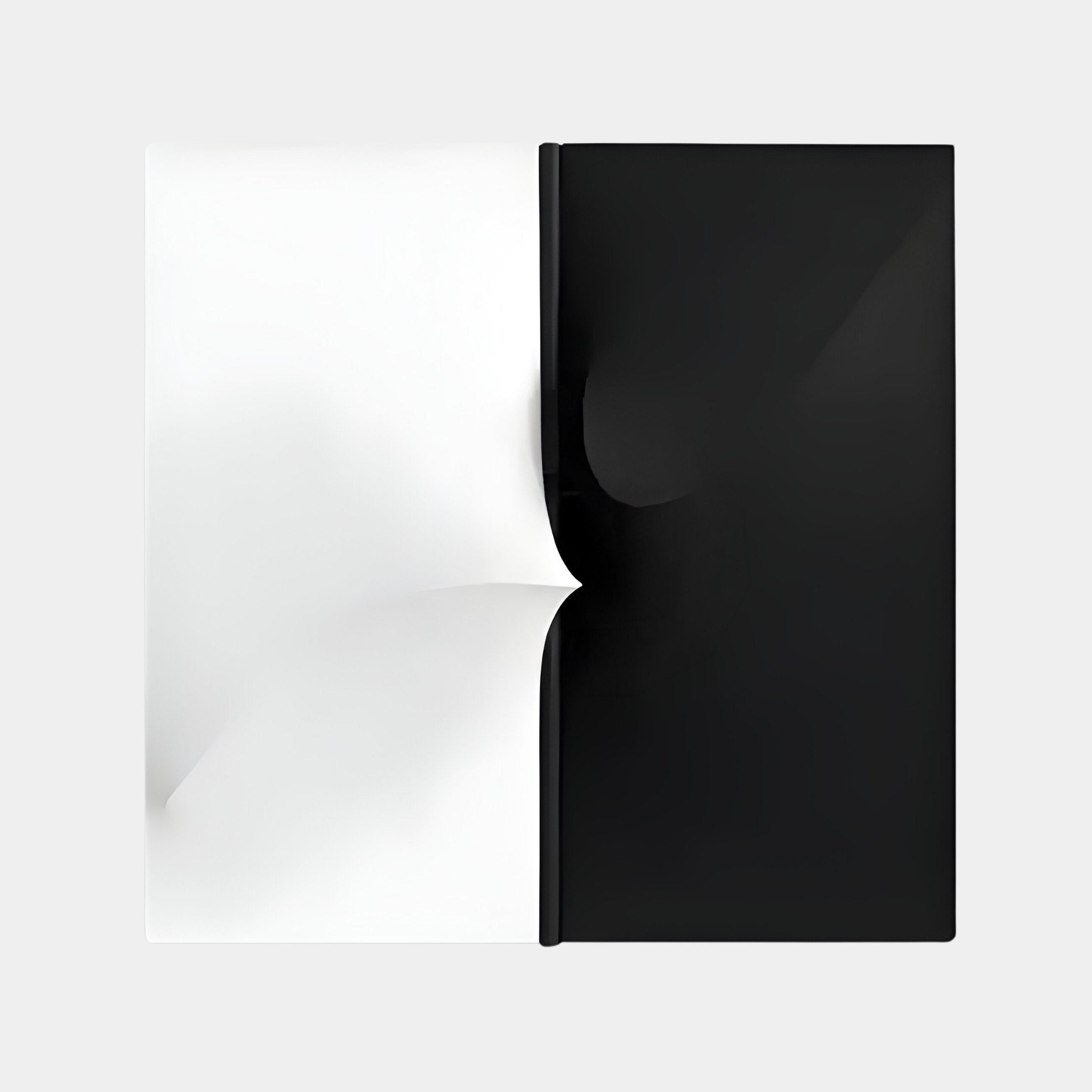 The Giant Sculptures Delinea Dual Contrast Wall Art showcases a minimalist design with black and white geometric shapes. Its two panels curve inward, creating a seamless 3D wood relief effect on a light gray background.