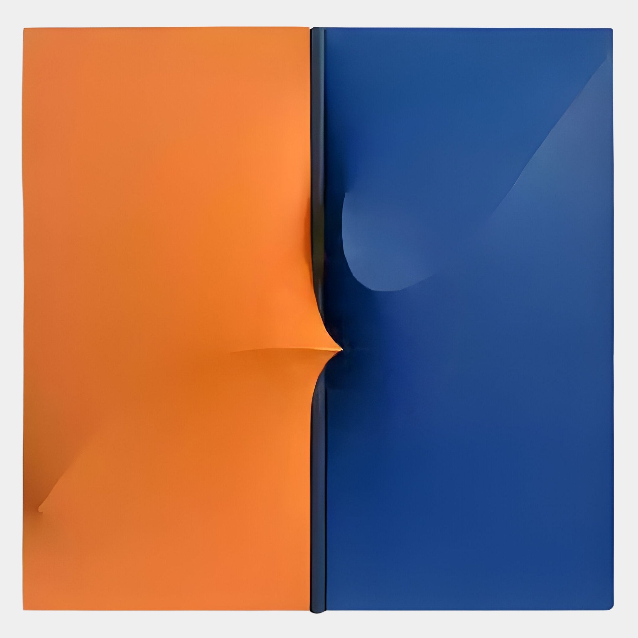 Delinea Dual Contrast Orange & Blue Fabric 3D Wood Relief Wall Art by Giant Sculptures features two side-by-side panels with a central crease and subtle bulges, creating striking abstract contrast for your wall.