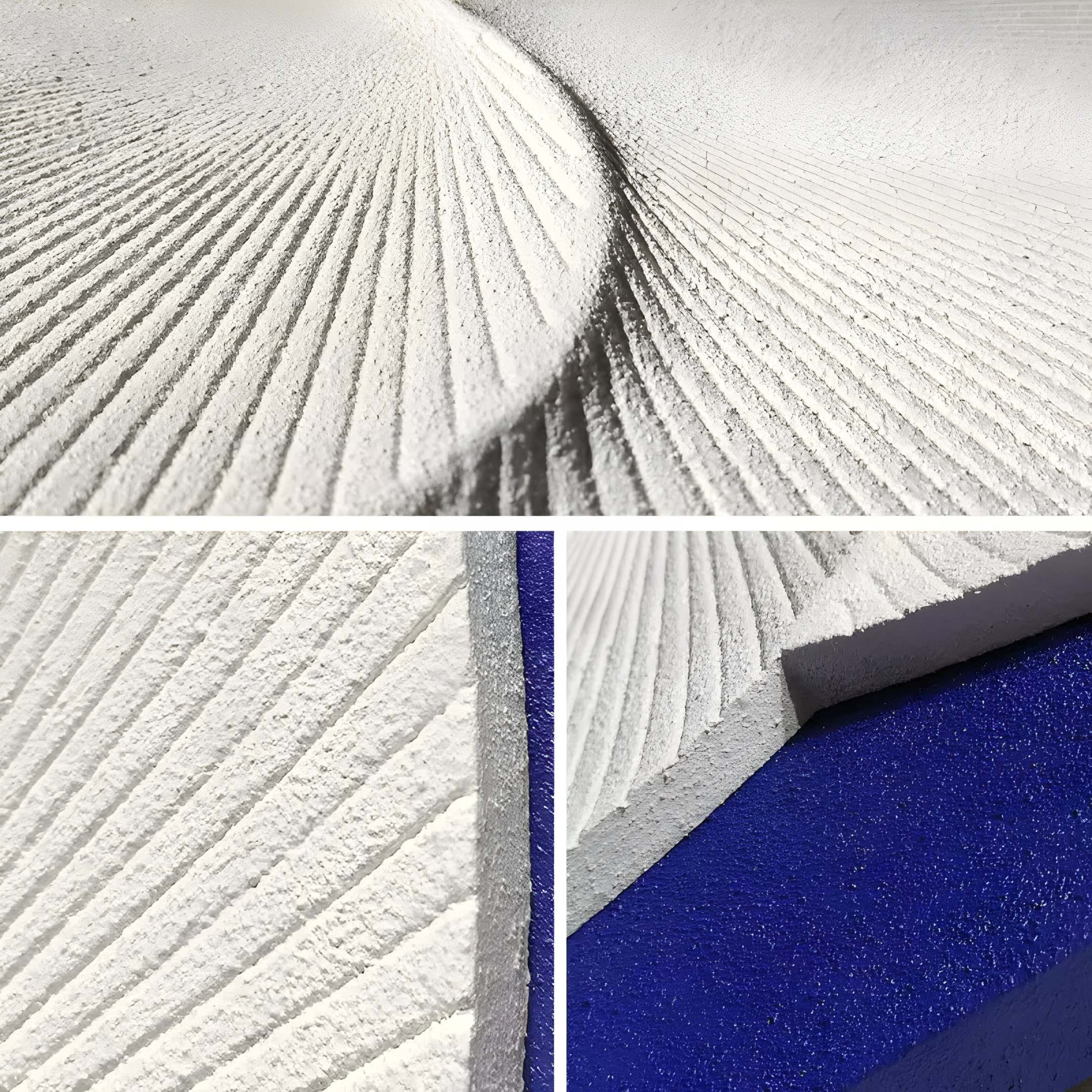 The Artivio Blue & White Wood Relief 3D Wall Art by Giant Sculptures showcases a textured white surface with grooved wave-like patterns, intersecting a smooth blue section, enhancing its minimalist essence and geometric design in three angles.