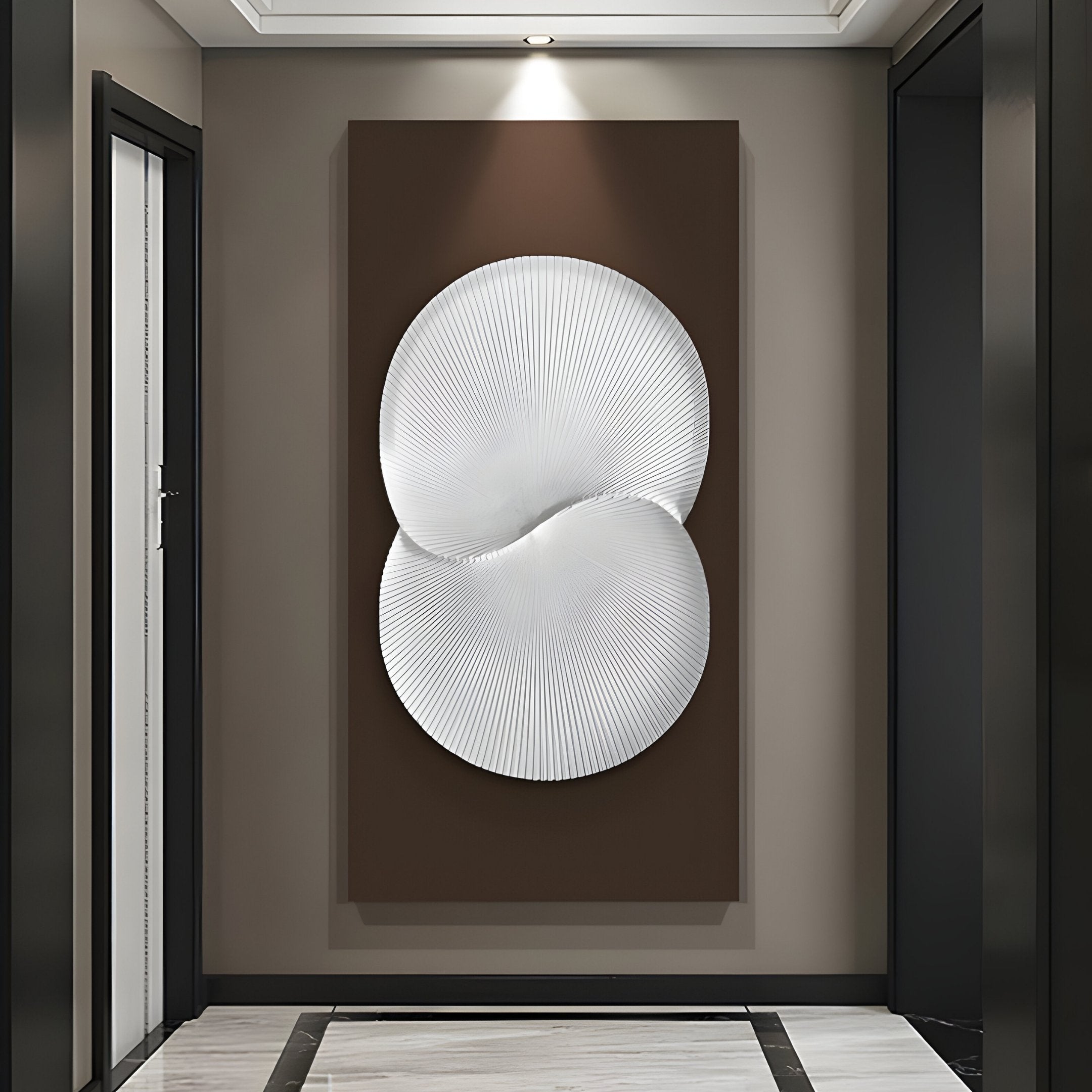 A modern hallway features the Artivio Dark Brown & White Wood Relief 3D Wall Art by Giant Sculptures, highlighting minimalist design. The neutral walls and light marble-patterned tiles elegantly contrast with doors flanking each side.