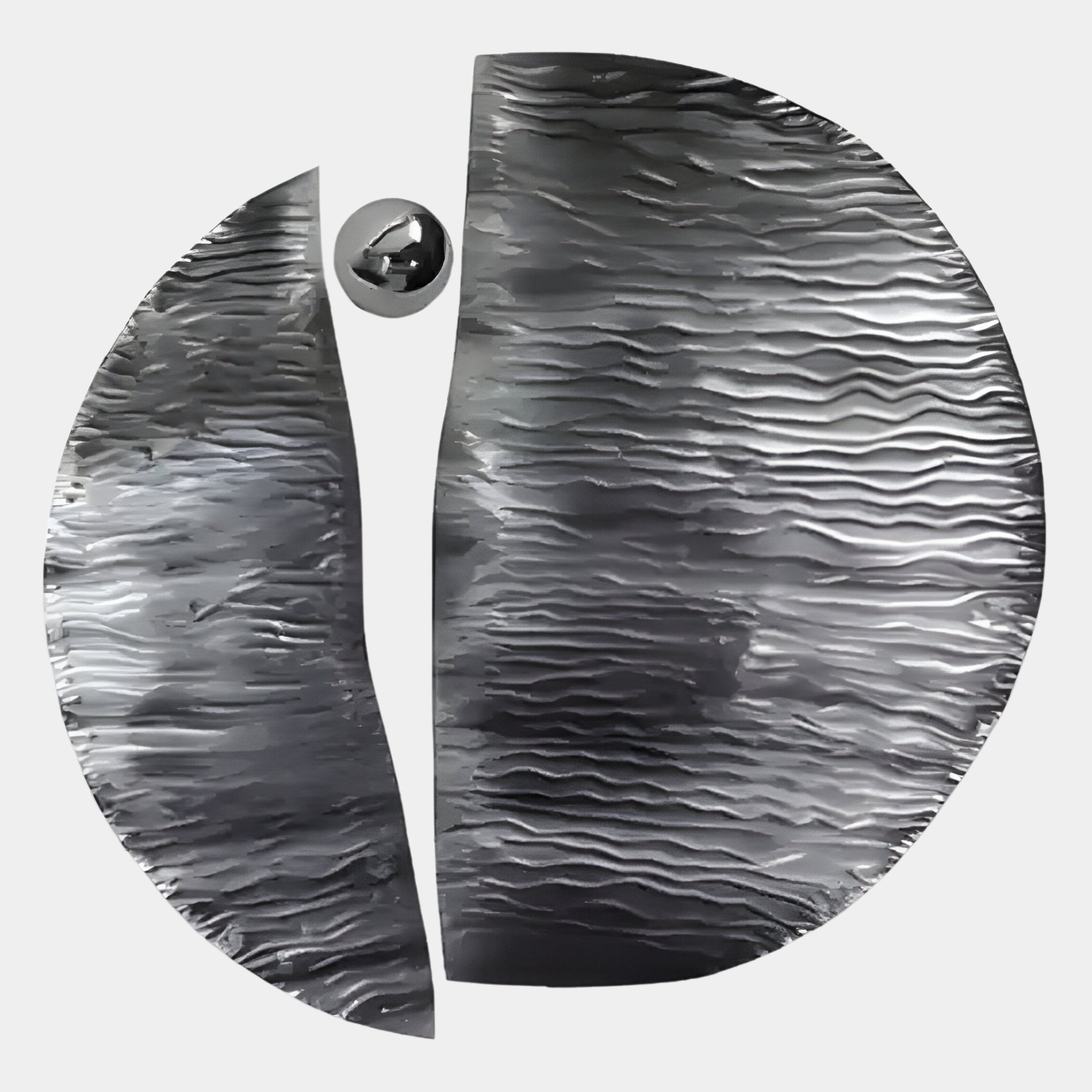 The Argentum Textured Wood Relief 3D Wall Art by Giant Sculptures features a large split circle with wavy surfaces and a smooth silver metal ball in the gap—a striking piece of modern decor.