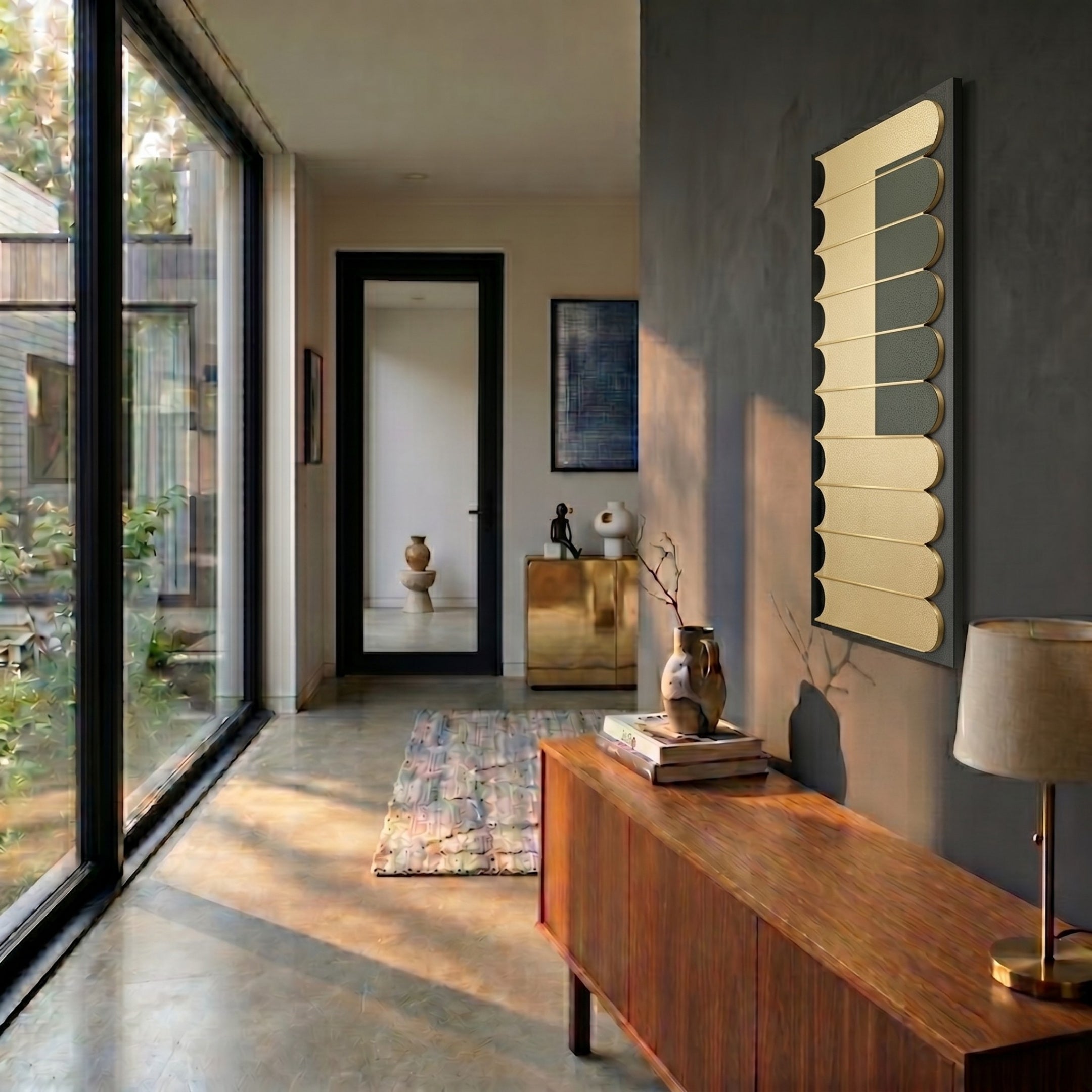 A modern hallway with floor-to-ceiling windows, gray walls, a wooden sideboard with a lamp, patterned rug, gold cabinet, abstract art, and the Lumiscale Black & Soft Yellow Modular Glass Wall Mirror by Giant Sculptures; sunlight streams in.