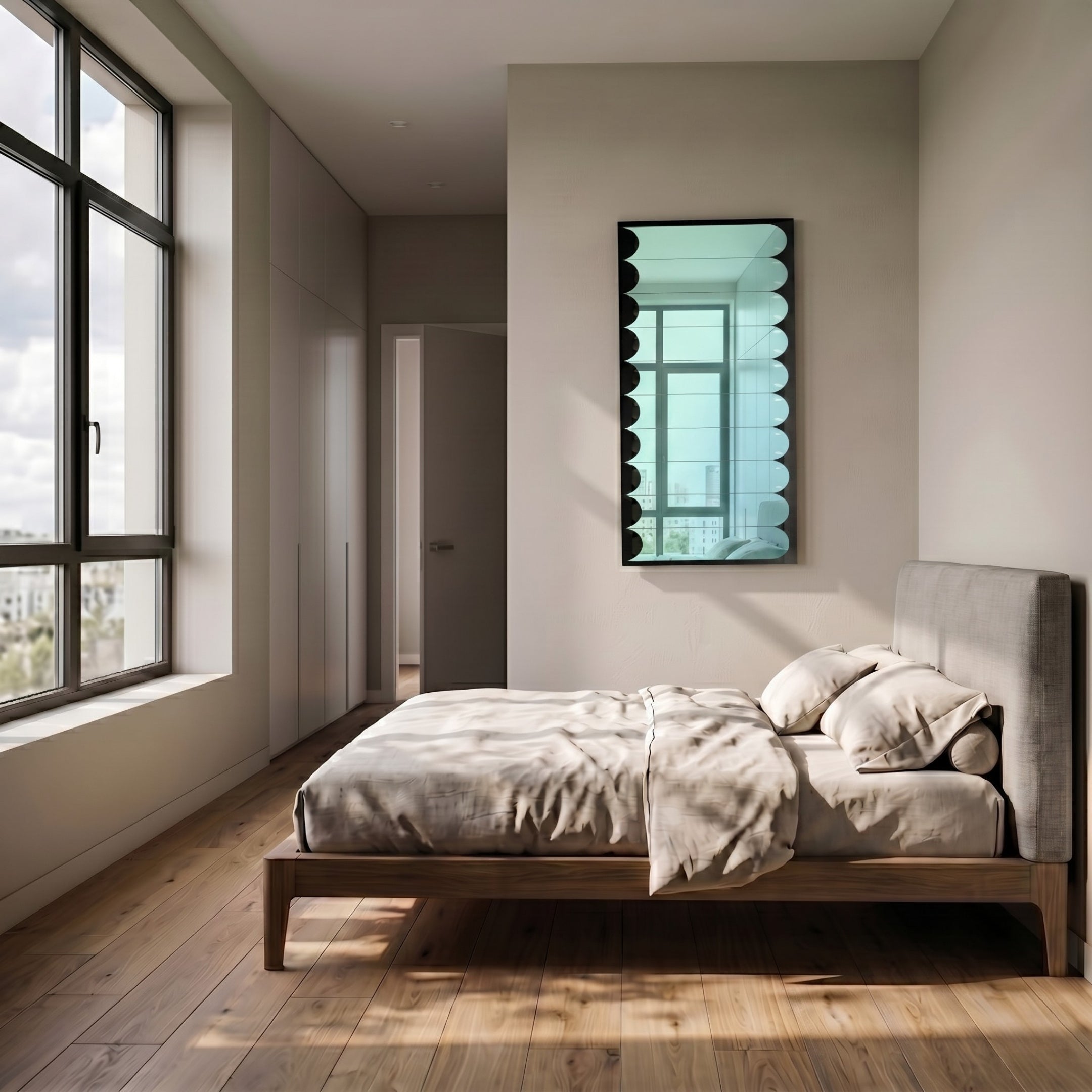 A modern bedroom with a large window, wooden floor, light bedding, neutral walls, and the Lumiscale Black & Blue Modular Glass Wall Mirror by Giant Sculptures to enhance light and complement the contemporary decor.
