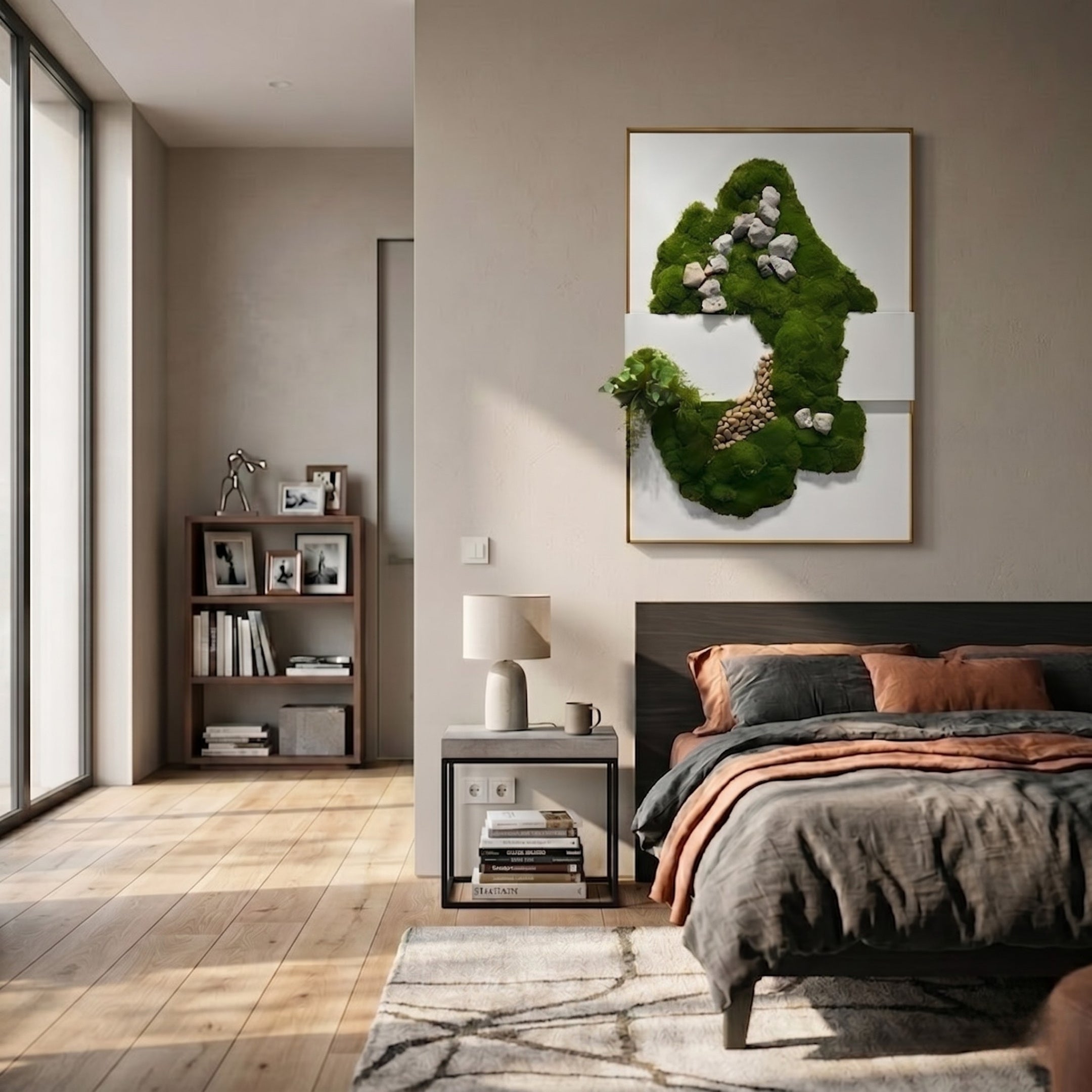 A modern bedroom features a large bed with gray and rust-colored bedding, a bedside table, and Giant Sculptures' Florinex Green Moss, Stone & Pebble Organic 3D Wall Art. Sunlight pours through tall windows; a decor-filled bookshelf stands in the corner.