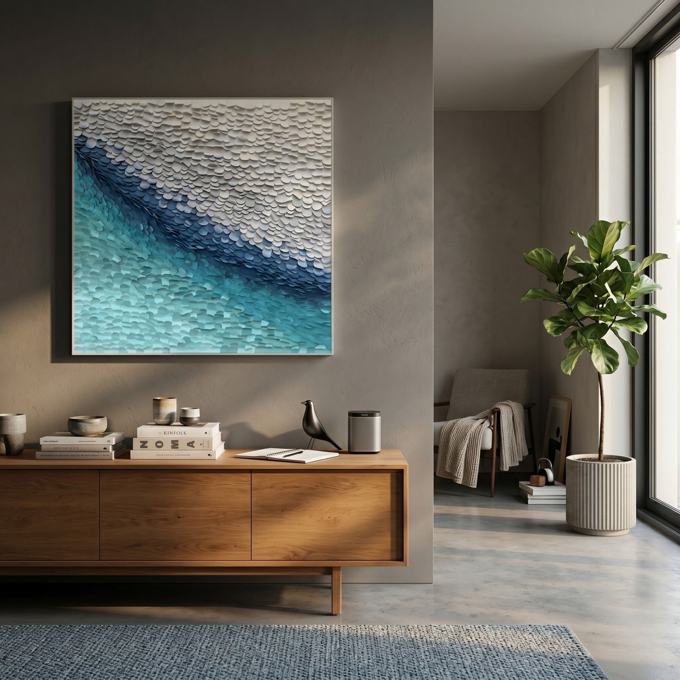 A modern living room features a wooden sideboard, decorative items, a green potted plant, sunlight through tall windows, and the Seravelle Aqua Blue Gradient Layered 3D Paper Wall Art by Giant Sculptures on the wall.