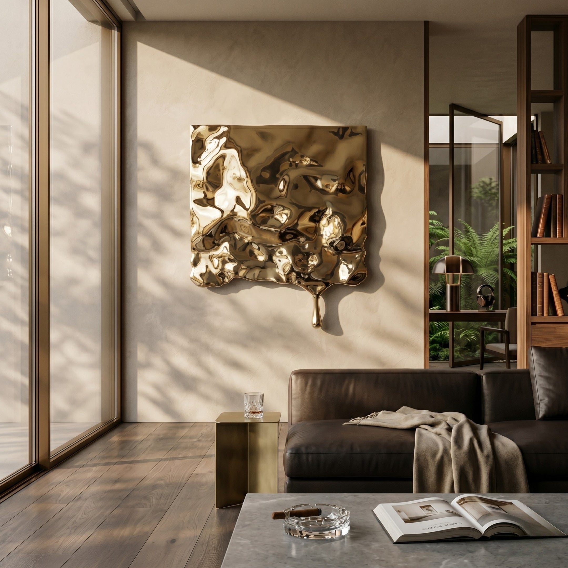 A modern living room features the Lumineris Gold Melted Wave Metal 3D Wall Art by Giant Sculptures, a dark leather sofa, floor-to-ceiling windows, a glass side table with a drink, and an open book on the coffee table in sunlight.