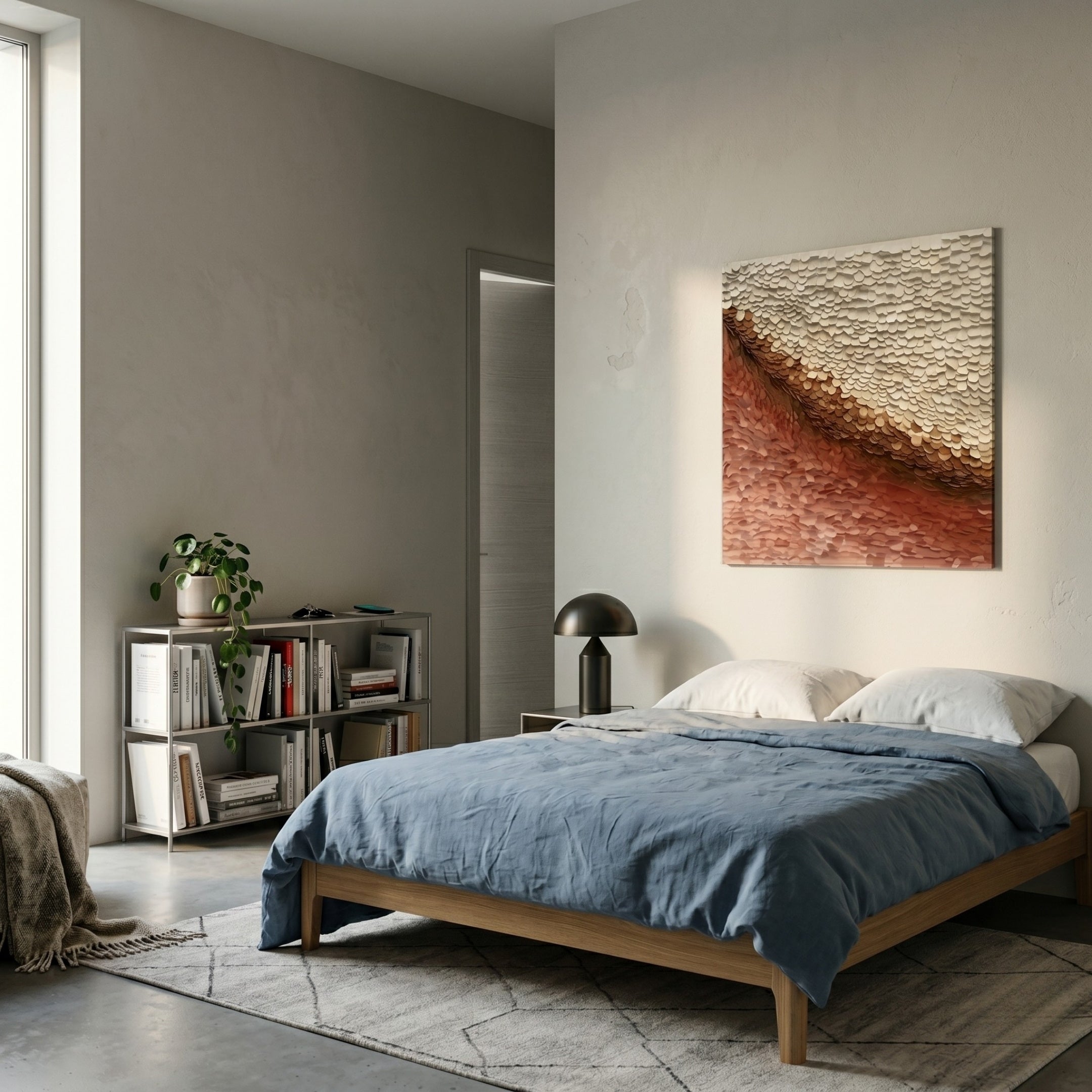 A modern bedroom features a wooden bed frame with blue bedding and white pillows. Above the bed on a neutral wall hangs the Seravelle Rose Gradient Layered 3D Paper Wall Art by Giant Sculptures. A shelf with books and a plant sits by the window.