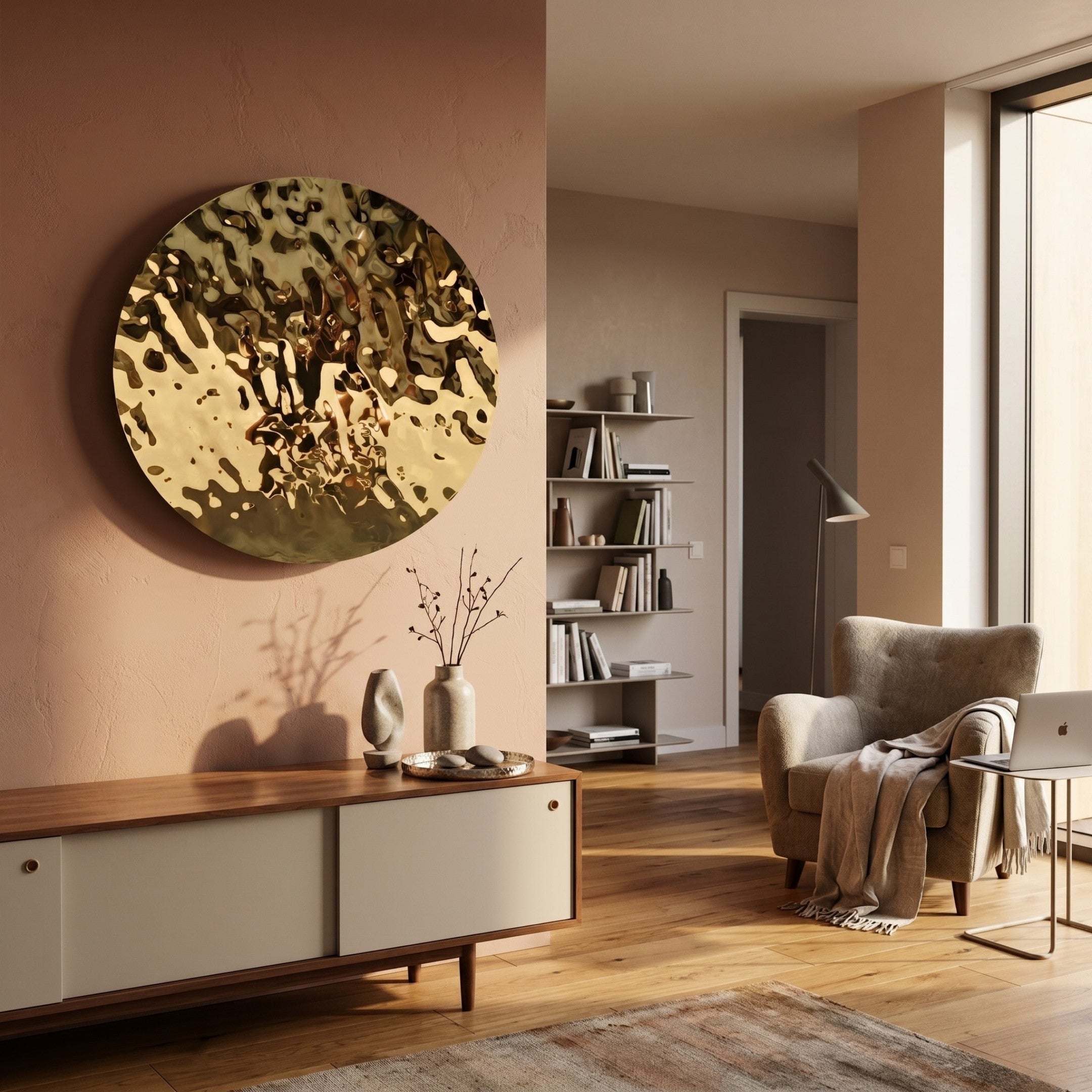 A modern living room features the Giant Sculptures Lumineris Gold Ripple Sphere Metal 3D Wall Art above a wooden sideboard, a cozy beige armchair with a throw blanket, a floor lamp, bookshelves, and soft natural light from a tall window.