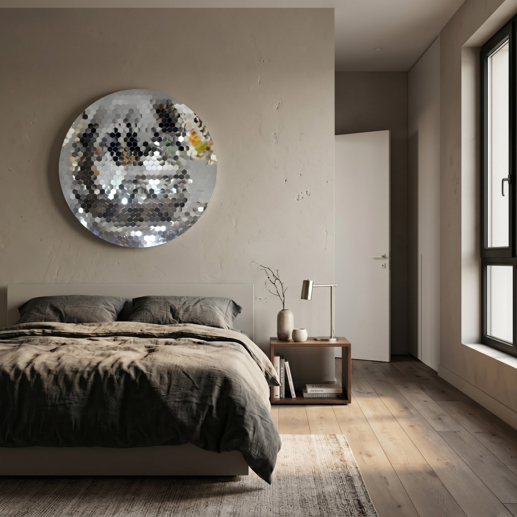 A modern bedroom with neutral tones features the Giant Sculptures Lumineris Silver Hexa-Mirror Circular Metal 3D Wall Art above a gray-bedded bed, a wooden nightstand with lamp, and a window letting in natural light.