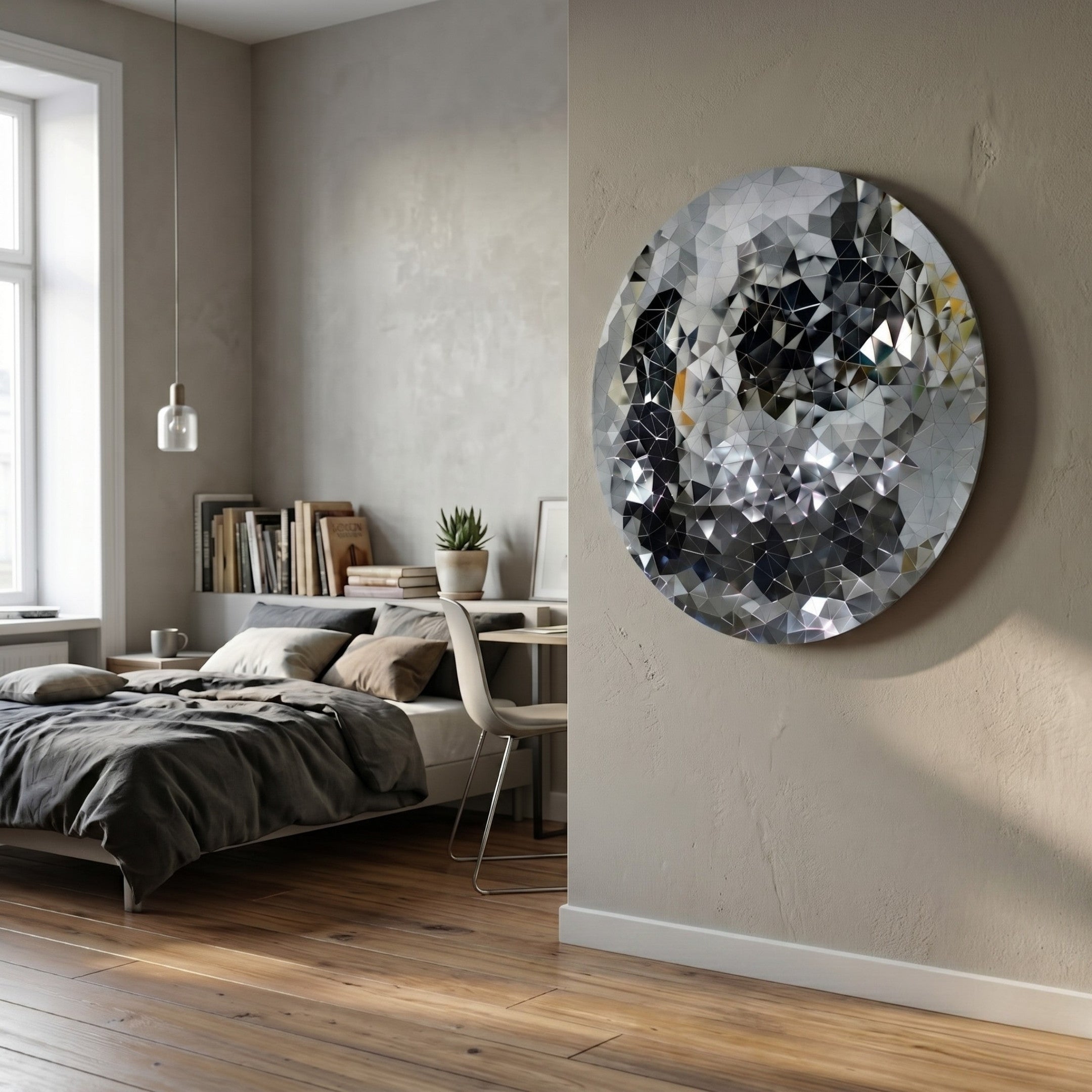 A modern bedroom with wooden floors, gray bedding, a desk with books and a plant, and Giant Sculptures' Lumineris Silver Facet Matrix Circular Metal 3D Wall Art on the beige wall reflecting light.