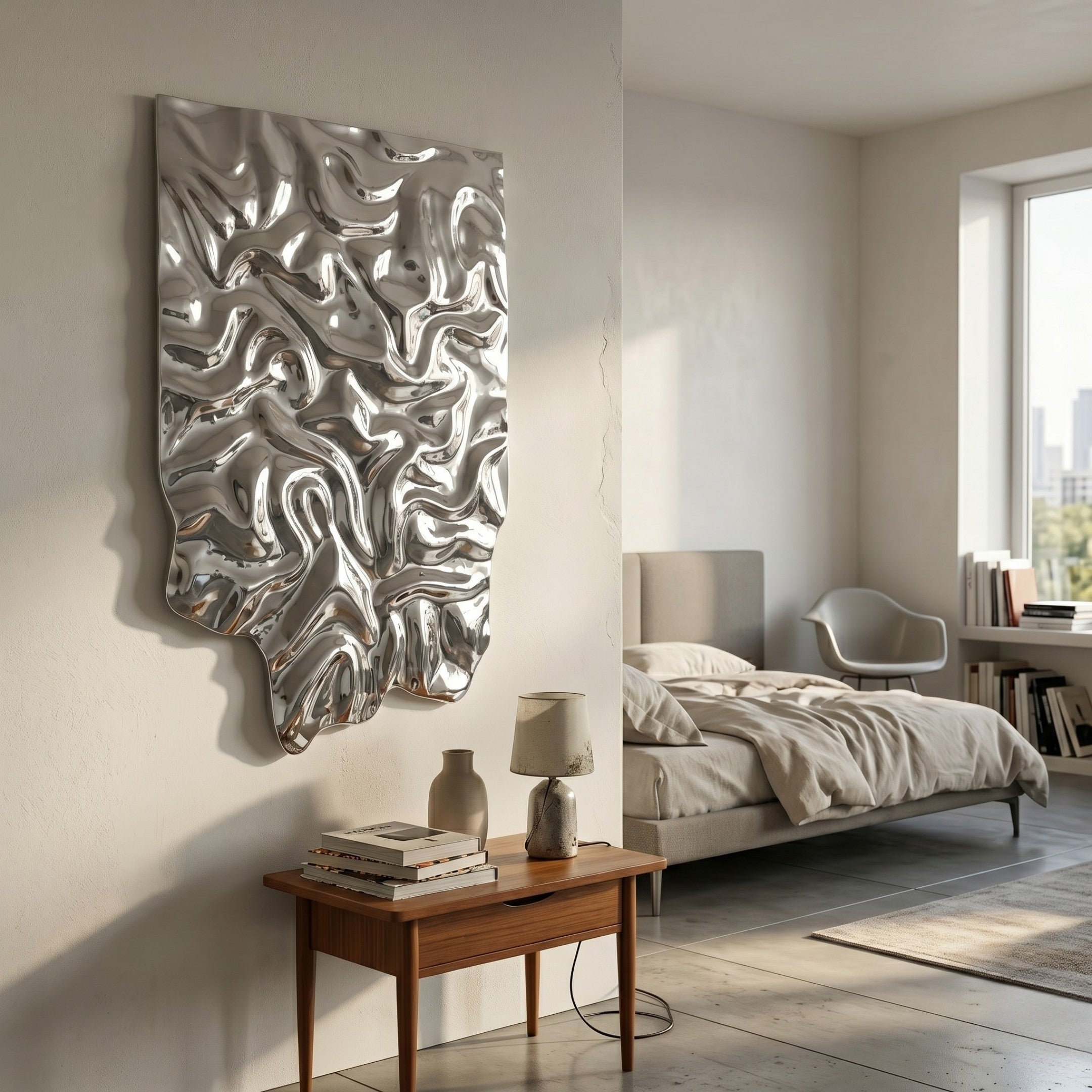 A modern bedroom features a neatly made bed, a wooden nightstand with a lamp and vases, and Giant Sculptures' Lumineris Silver Foldflow Metal 3D Wall Art reflecting light across the white wall, while a window fills the space with gentle natural daylight.