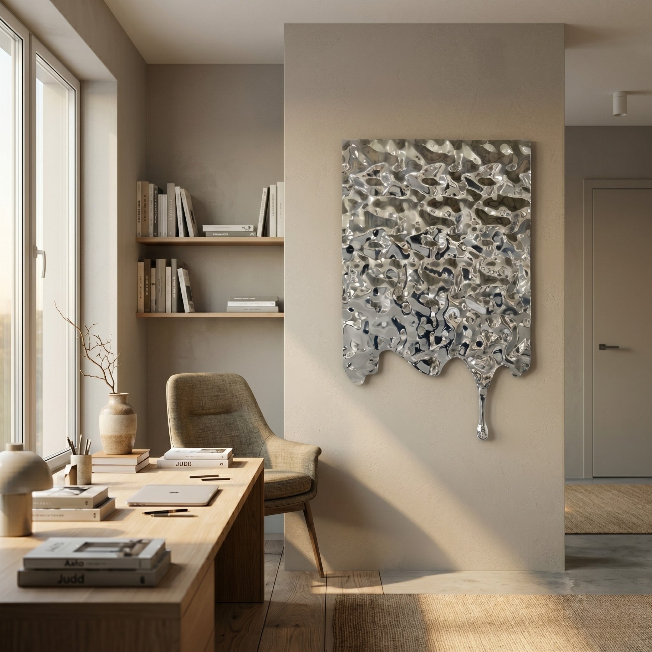 A modern, minimal home office with a wooden desk and chair, built-in shelves, and the Giant Sculptures Lumineris Silver Drip Cascade Metal 3D Wall Art as a striking focal point on a neutral wall. Sunlight streams in from large windows.