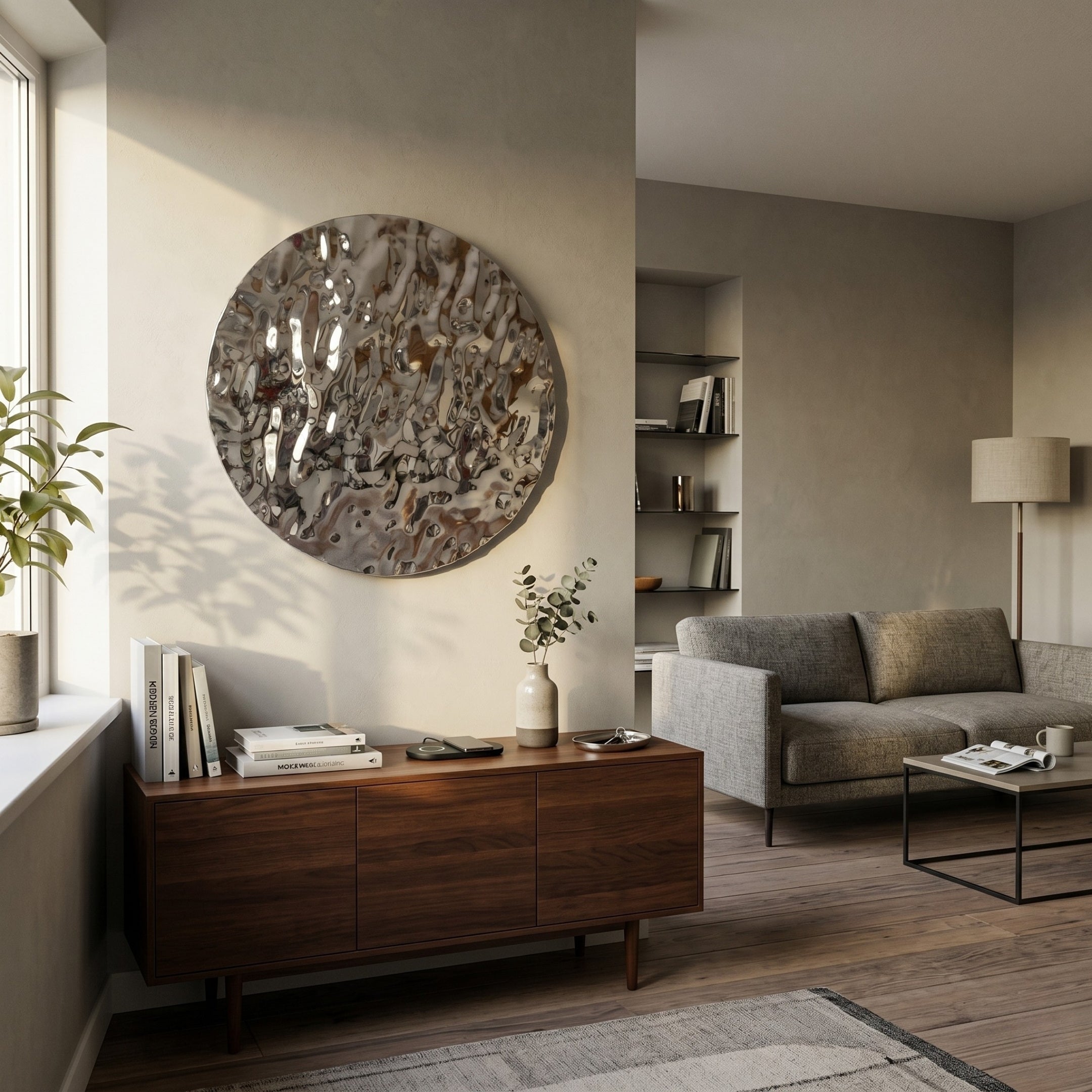 A modern living room features a gray sofa, wooden sideboard, potted plants, books, and a floor lamp. The Lumineris Silver Ripple Sphere Metal 3D Wall Art by Giant Sculptures adds interest to the cozy, minimalist space with neutral tones and natural light.