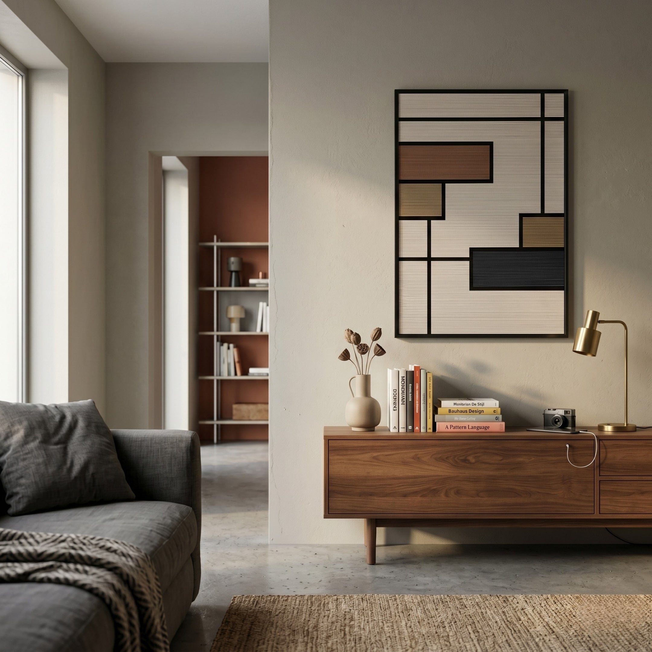 A modern living room with a gray sofa and wooden sideboard is elevated by Giant Sculptures’ Gridoria Mocha & Charcoal Linear Block Woven Wall Art, while sunlight through large windows highlights the neutral, minimalist decor.