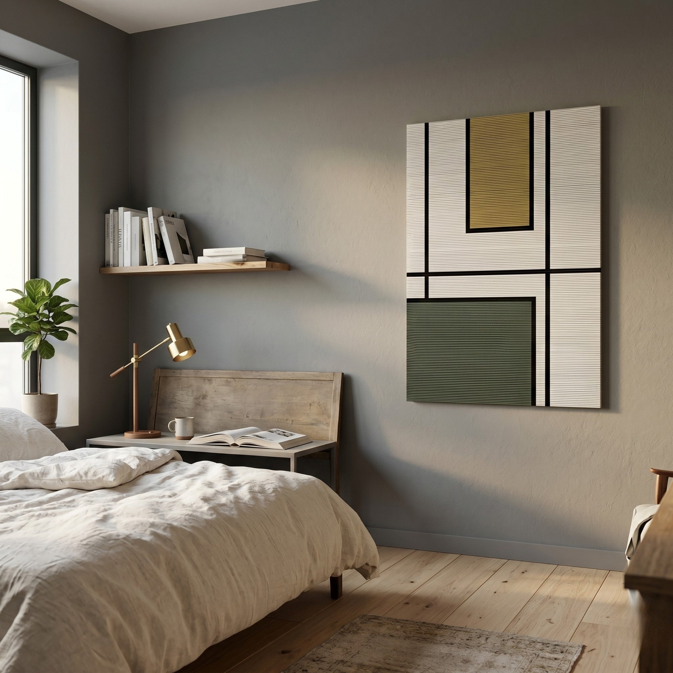 A cozy bedroom with a bed, white bedding, wooden nightstand, desk lamp, potted plant by the window, floating shelf with books, and Gridoria Mustard Gold & Graphite Linear Block Woven Wall Art by Giant Sculptures above light wood floors.