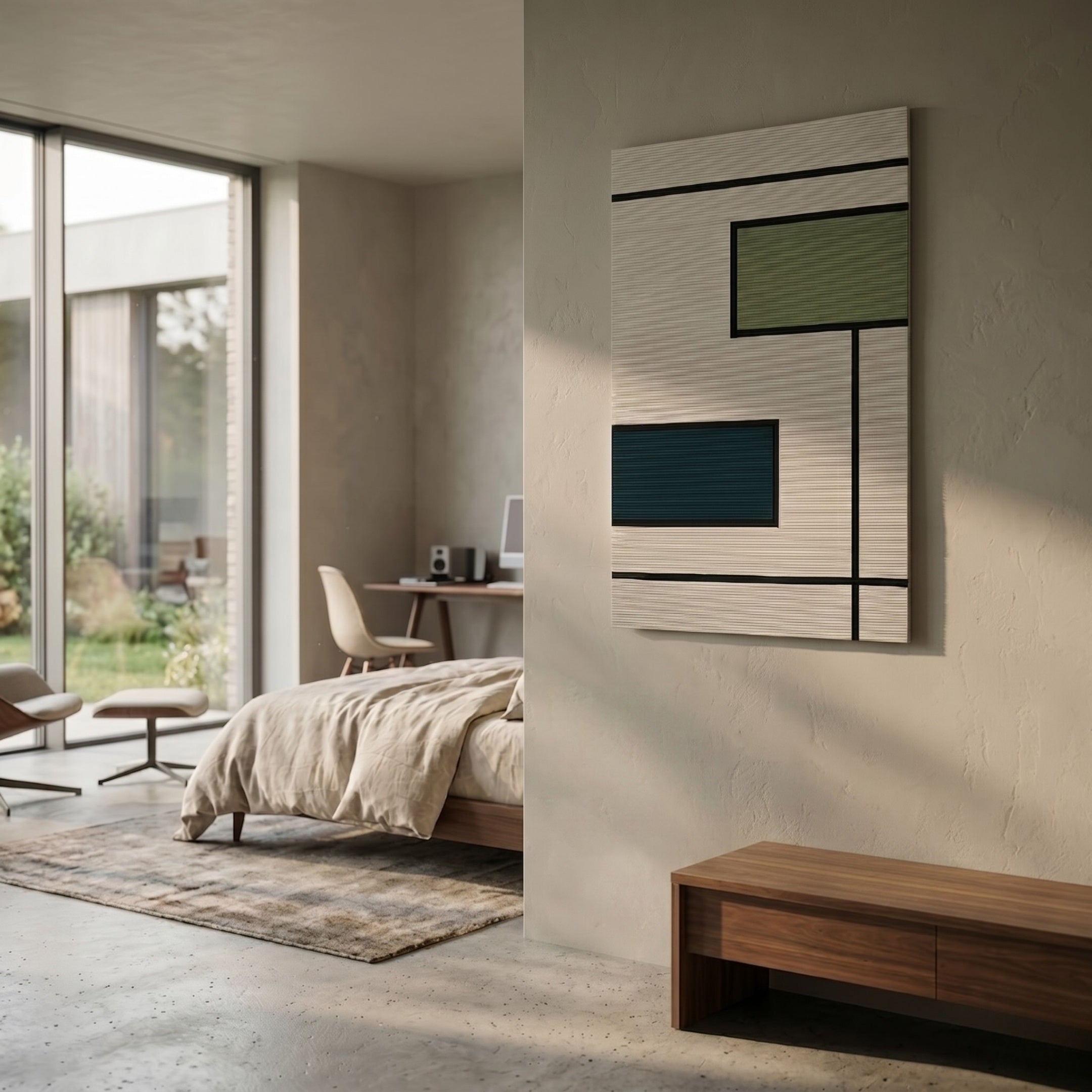A modern bedroom in neutral tones features a bed, wooden desk with computer, chair, large window, and Giant Sculptures' Gridoria Olive Green & Teal Linear Block Woven Wall Art with geometric shapes above the bed.