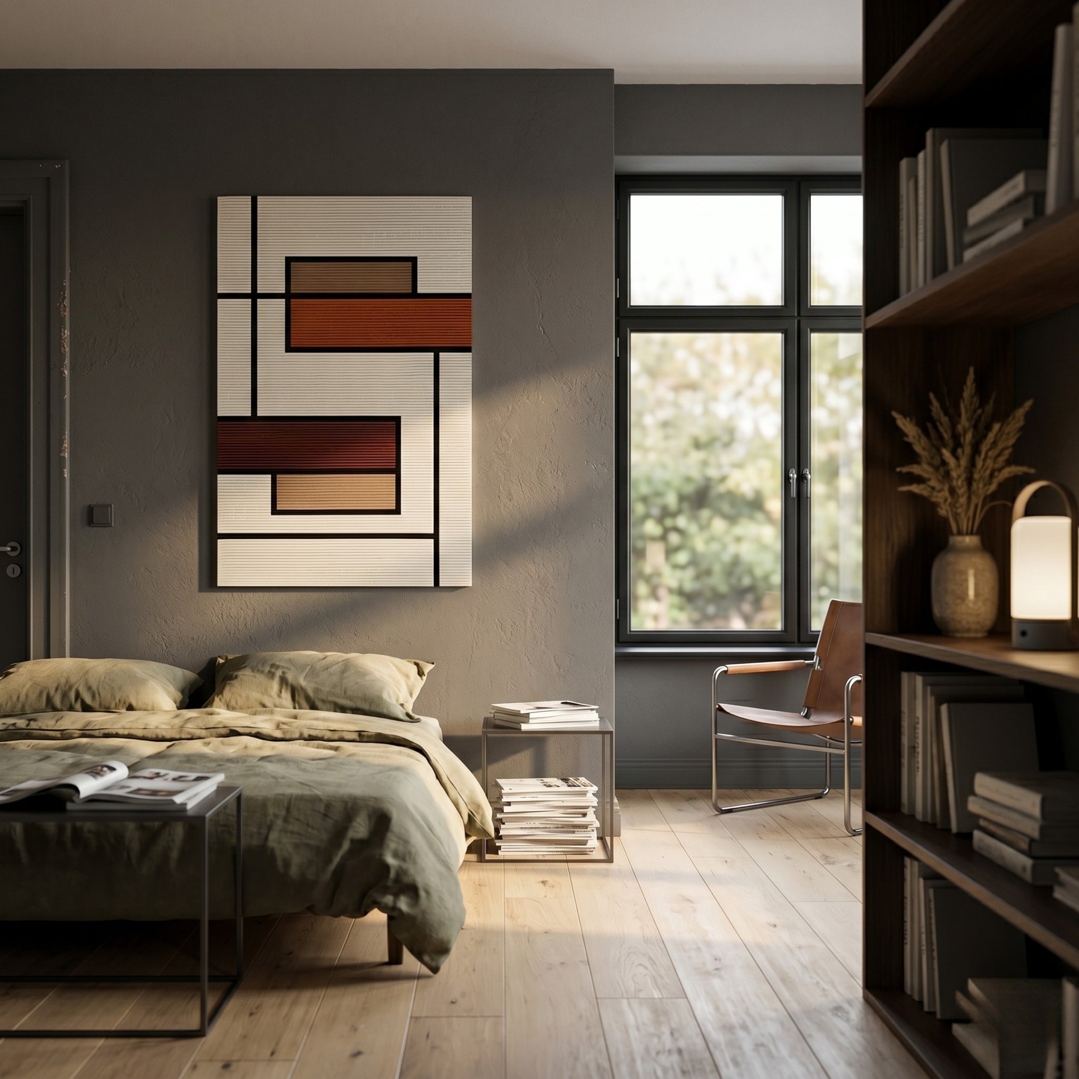 A modern bedroom with neutral tones, a low bed, Gridoria Rust & Taupe Linear Block Woven Wall Art by Giant Sculptures above the headboard, a side table with books, natural light from the window, a brown chair, and a bookshelf with decor and a lamp.