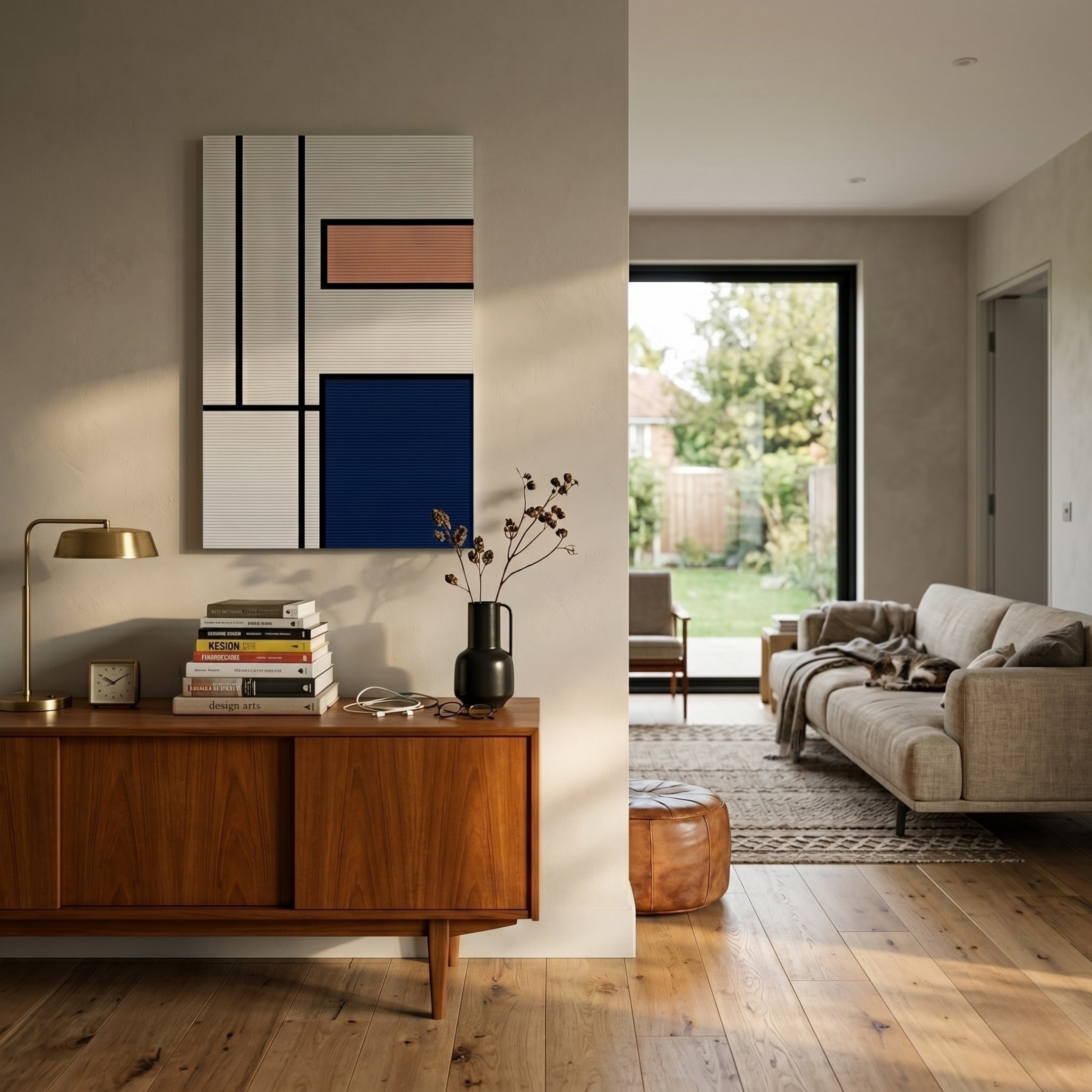 A modern living room with wooden floors, a beige sofa, a pouf, and a sideboard topped with books, a black vase, and a lamp. Above hangs the Gridoria Peach & Navy Linear Block Woven Wall Art by Giant Sculptures—ideal for decor lovers.