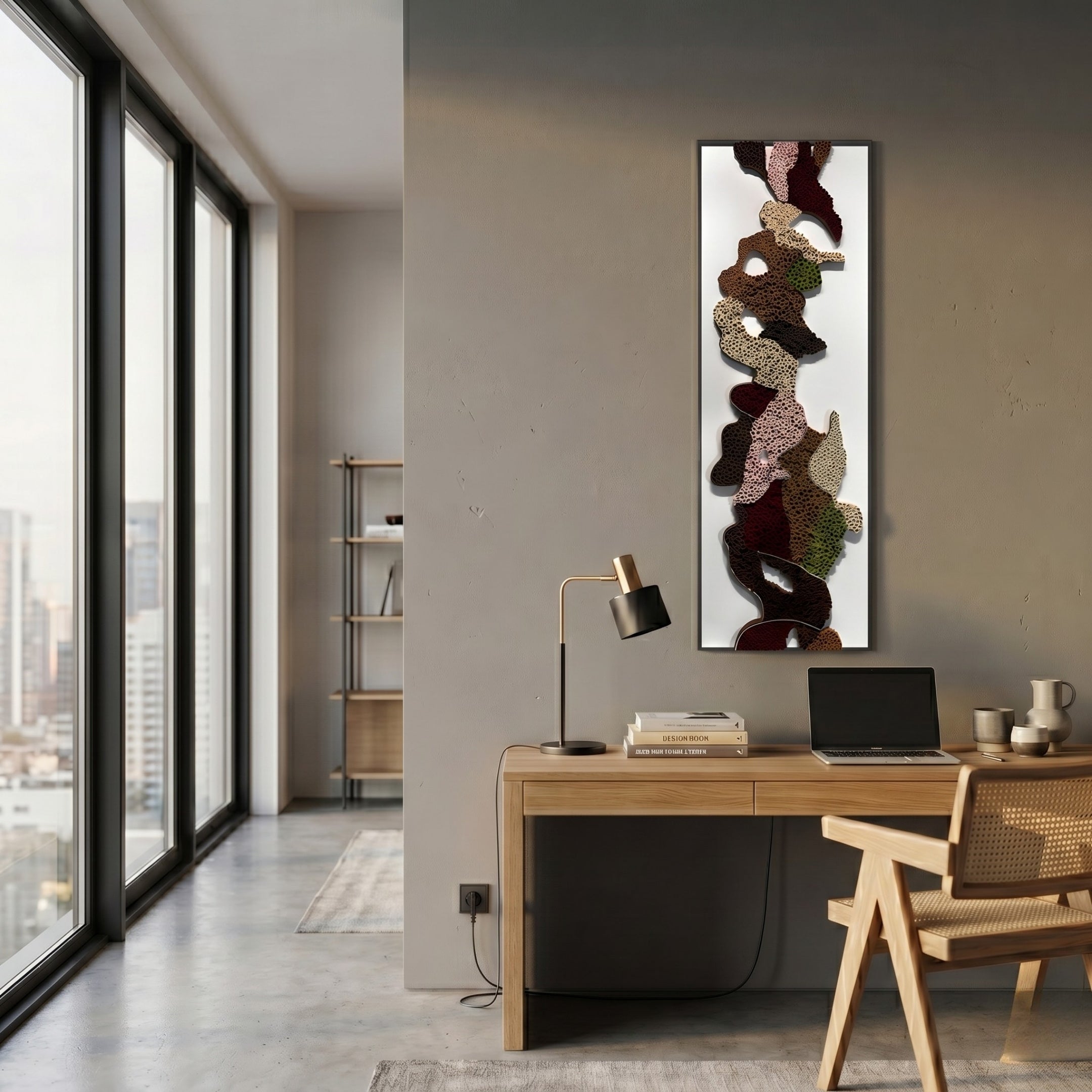 A modern home office with a wooden desk, laptop, lamp, and chair sits near floor-to-ceiling windows. The Verdurelle Earth Layered Flow Felt 3D Wall Art by Giant Sculptures adds texture and earth tones to the gray wall.