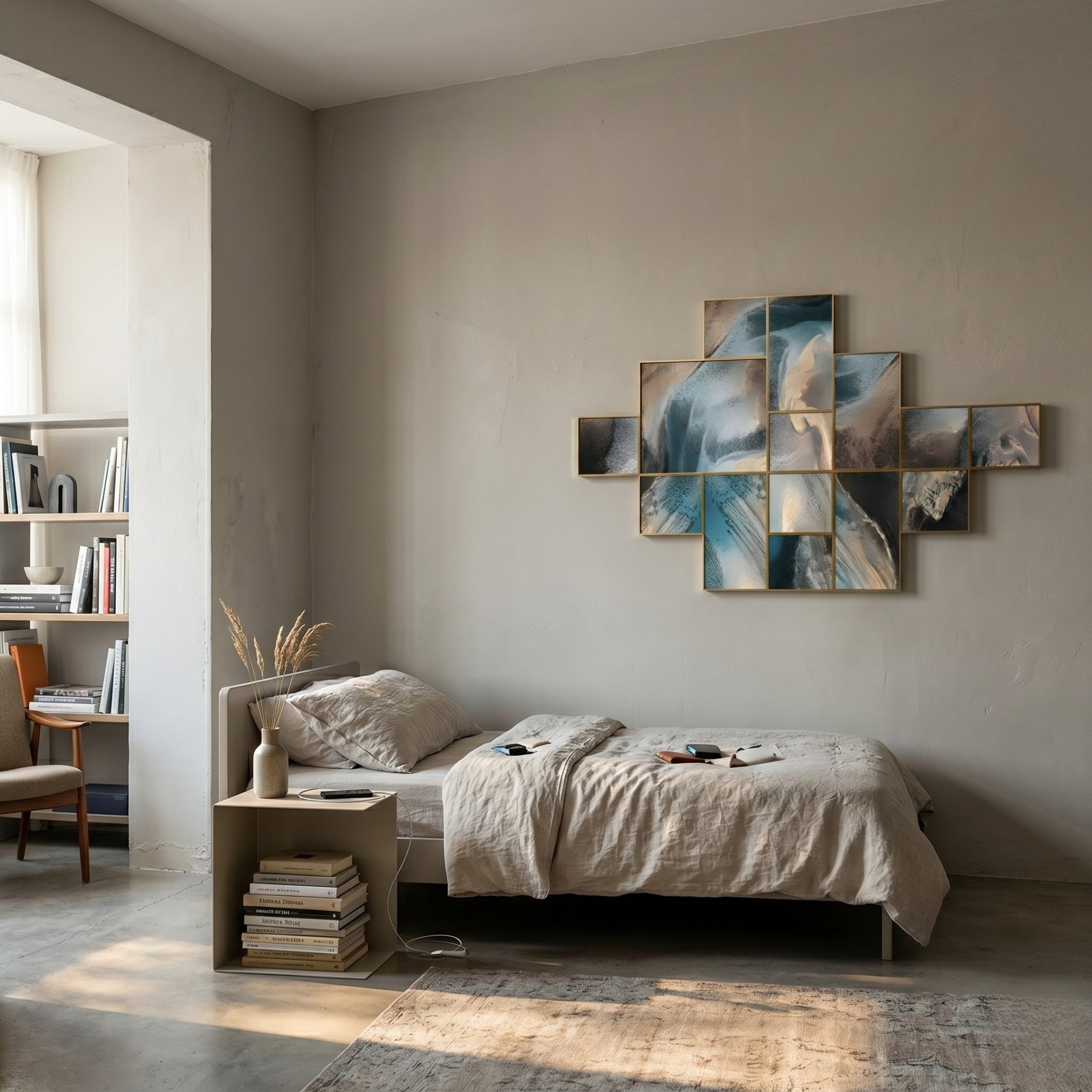 A minimalist bedroom features a single bed with neutral bedding, books on a bedside table, and Auresmap Tide Multi-Panel Abstract Landscape Wall Art by Giant Sculptures above the bed. A bookshelf and desk with chair sit near a sunny window.