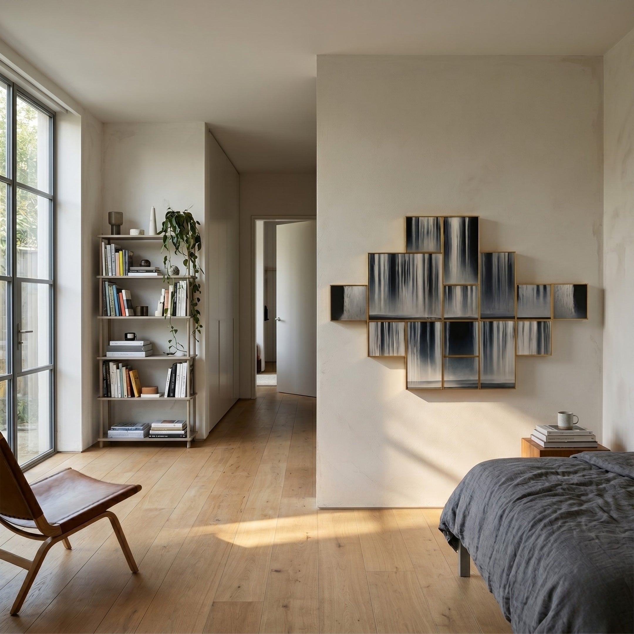 A modern, minimalist bedroom with light wood floors, a gray bedspread, a wooden chair, tall bookshelf, potted plant, and Giant Sculptures' Auresmap Silver Cascade Multi-Panel Waterfall Wall Art as striking decor; sunlight streams in through large windows.