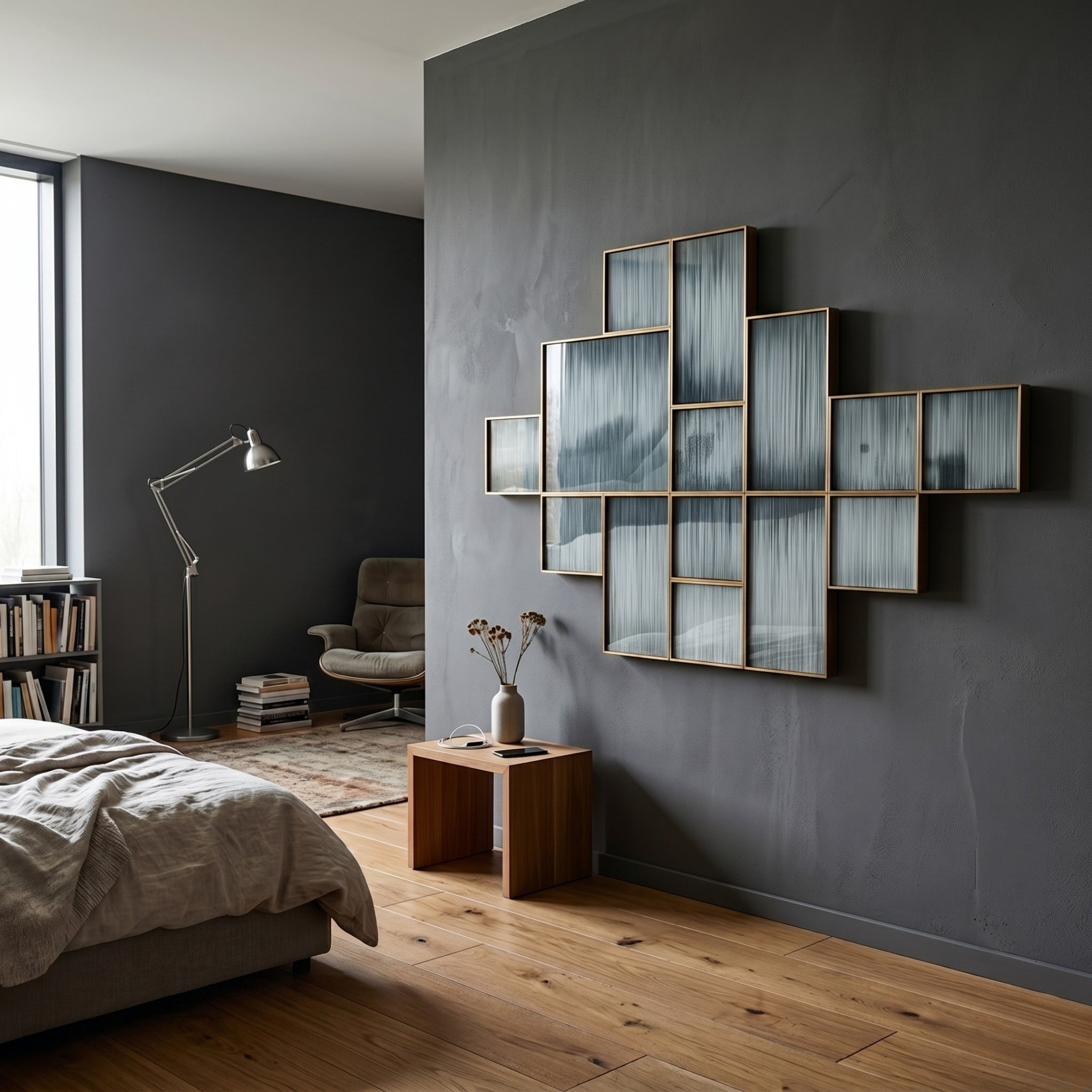 A modern bedroom features dark gray walls, wooden floors, beige bedding, and a wooden side table with a vase. Above the bed hangs Auresmap Mistfall Multi-Panel Abstract Landscape Wall Art by Giant Sculptures. A chair and lamp complete the look.