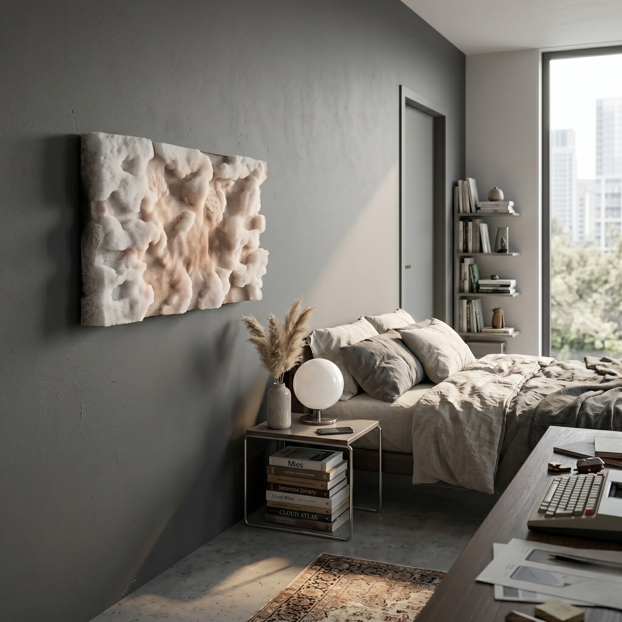 A modern bedroom with a gray accent wall, the Nivara Warm Beige Ripple Straw 3D Wall Art by Giant Sculptures, a neatly made bed with neutral bedding, a nightstand with books and lamp, and large windows overlooking city buildings and trees.