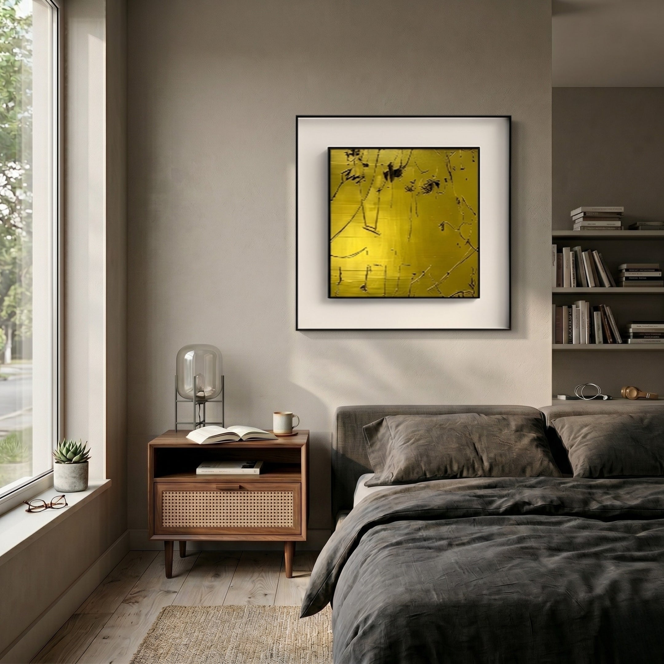 A modern bedroom features gray bedding, a wooden nightstand, and a glass lamp. Above the bed hangs the Trevasse Gold Textured Abstract Framed Wall Art by Giant Sculptures. Large windows and shelves with books and decor complete the cozy space.