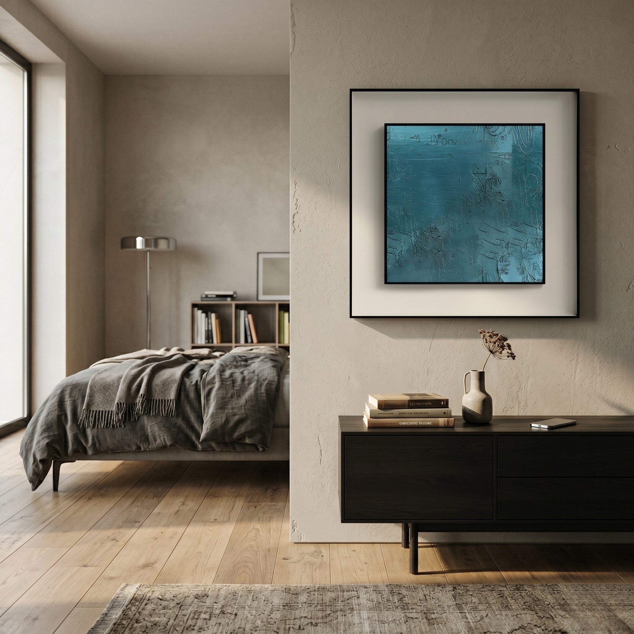 A modern, minimalist bedroom features a neatly made bed, floor lamp, and bookshelf. Above a dark console table sits the Trevasse Teal Textured Abstract Framed Wall Art by Giant Sculptures, with natural light streaming through large windows.