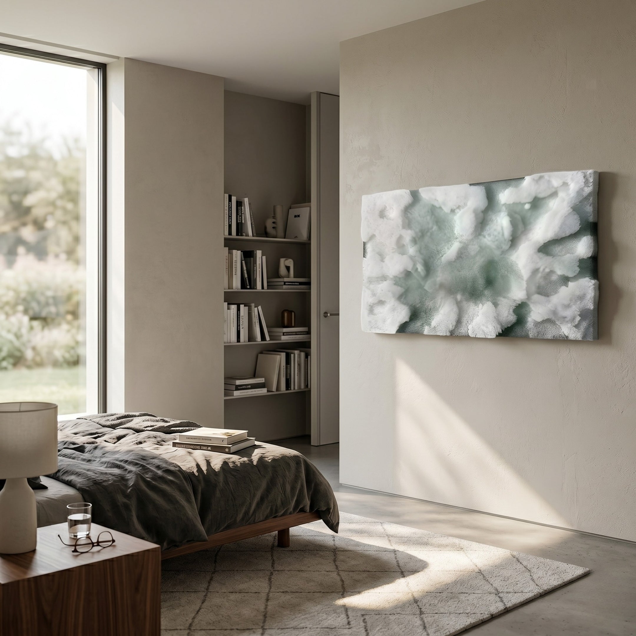 A modern bedroom featuring the Nivara Sage Drift Ripple Straw 3D Wall Art by Giant Sculptures above the bed, dark bedding, a wooden nightstand with lamp, a bookshelf in an alcove, and sunlight streaming through a large window.