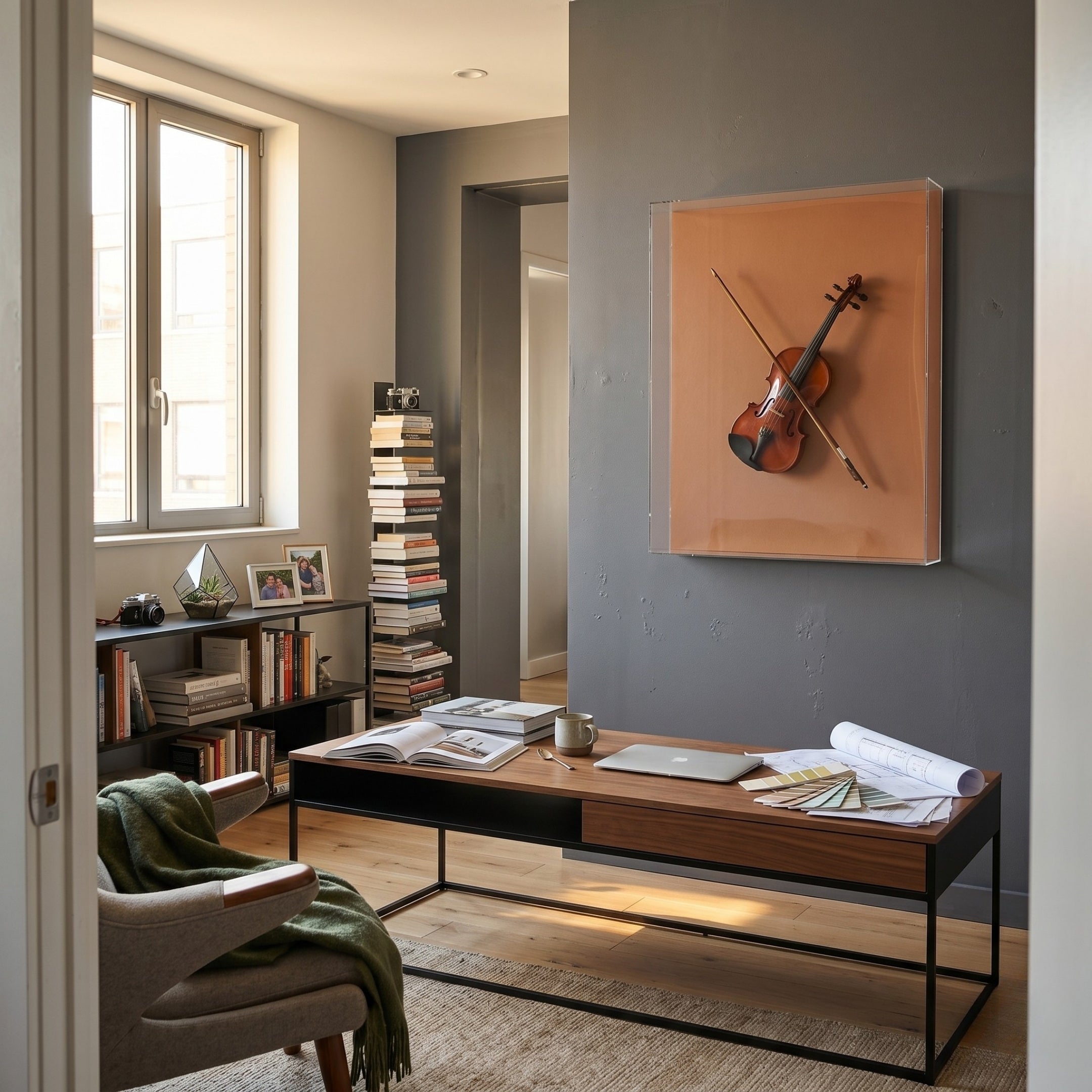 A modern home office features a wooden desk, books, laptop, and papers. A chair draped with a green blanket sits nearby. Stacked books and plants line the window. The Giant Sculptures Archetto Terra Violin Acrylic Framed 3D Wall Art decorates the gray wall.