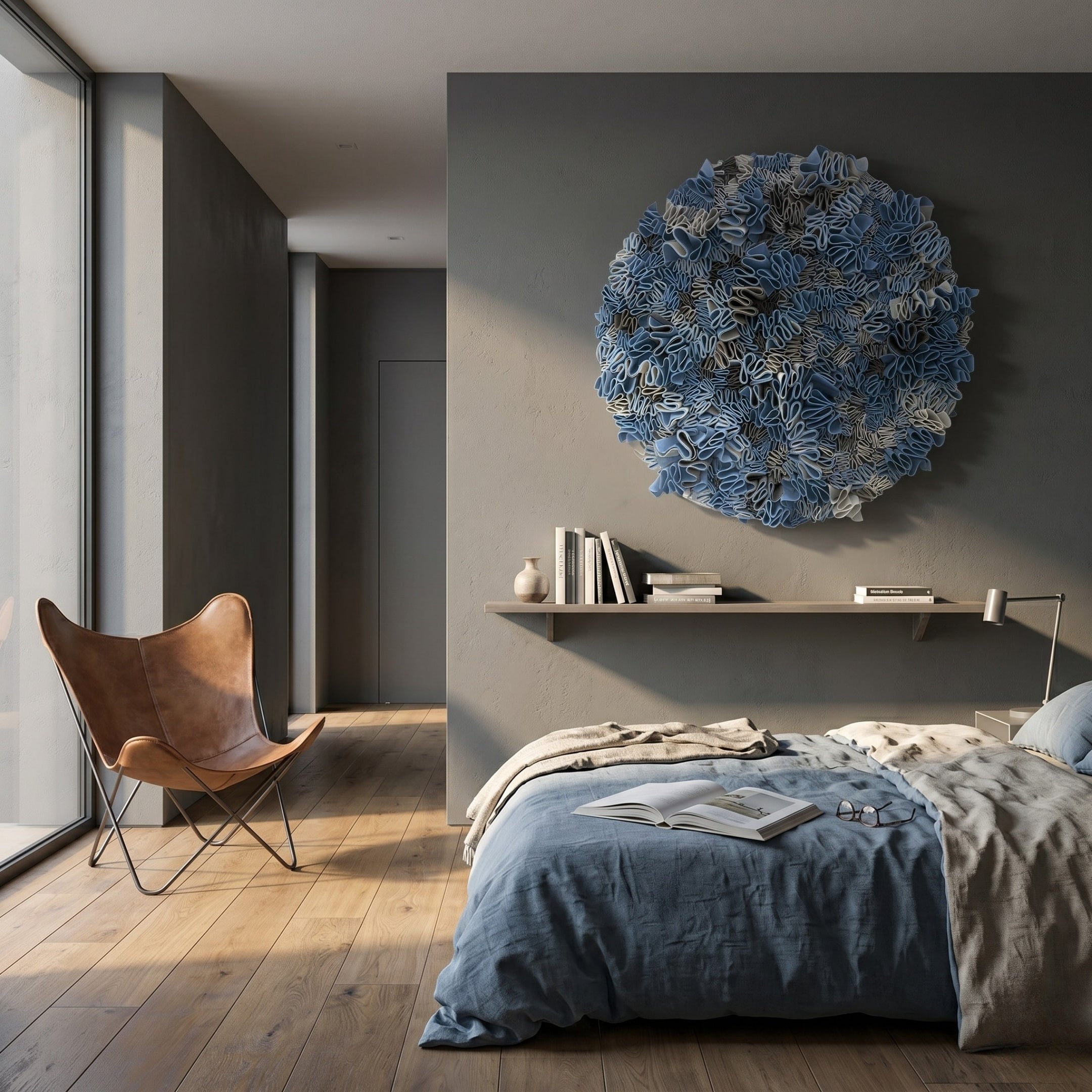 Rivora Blue Ribbon Leather Circular 3D Wall Art by Giant Sculptures mounted on a grey bedroom wall above a shelf, beside a leather butterfly chair and bed.