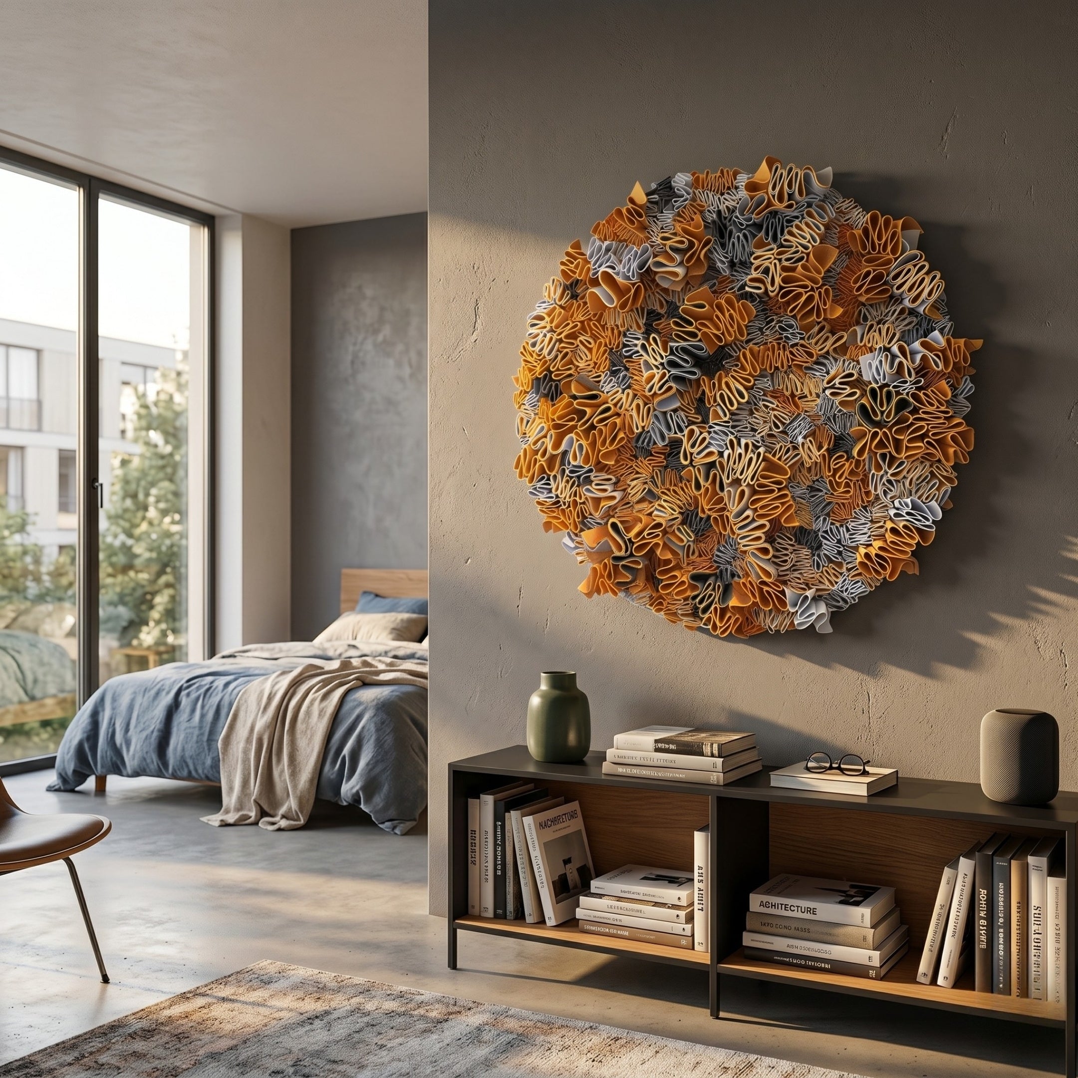 A modern bedroom with a large window, a neatly made bed, and the Rivora Yellow Ribbon Leather Circular 3D Wall Art by Giant Sculptures above a bookshelf with books and vases. Soft natural light enhances the stylish contemporary decor.