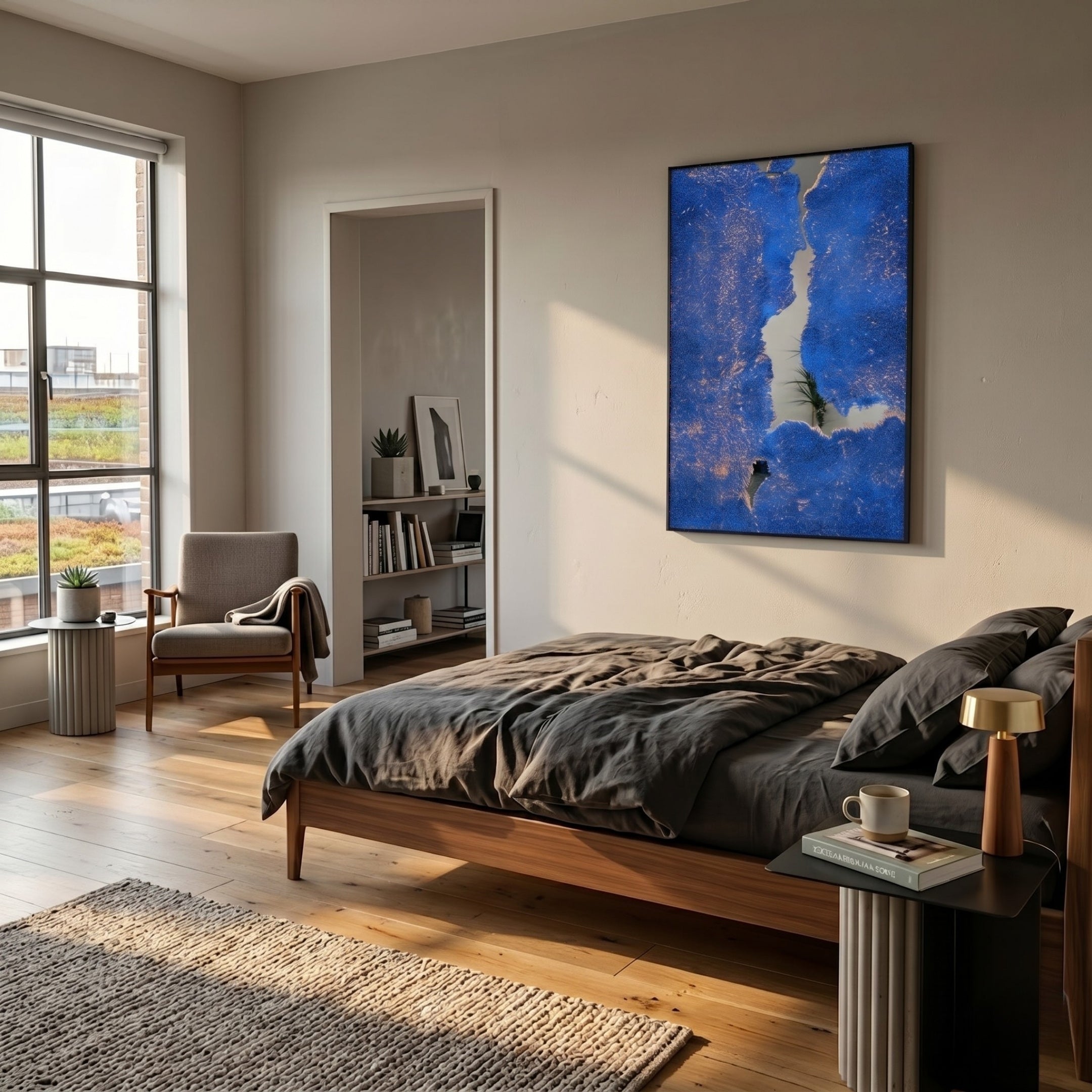 A modern bedroom features a large window, wooden floor, and neatly made gray bedding. Above the bed, Giant Sculptures' Cerulex Blue Rift Textured Steel Mirror 3D Wall Art serves as a striking centerpiece near cozy armchairs and potted plants.