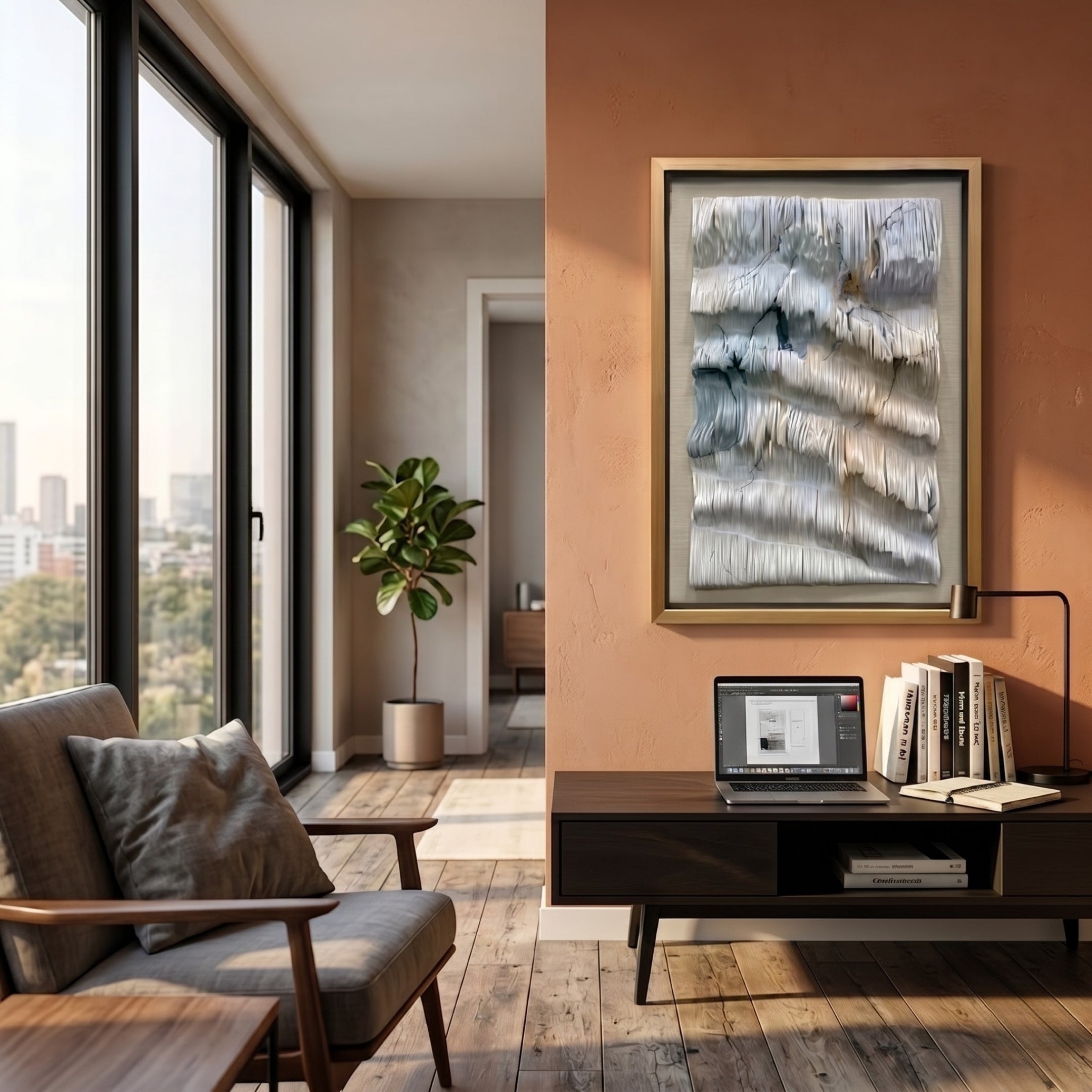 A modern living space with large windows, a comfy chair, and a wooden desk holding books and a laptop. Above the desk, Giant Sculptures’ Linscario Mistfold White & Blue Ripple Texture 3D Wall Art adds luxury to the peach-colored wall.