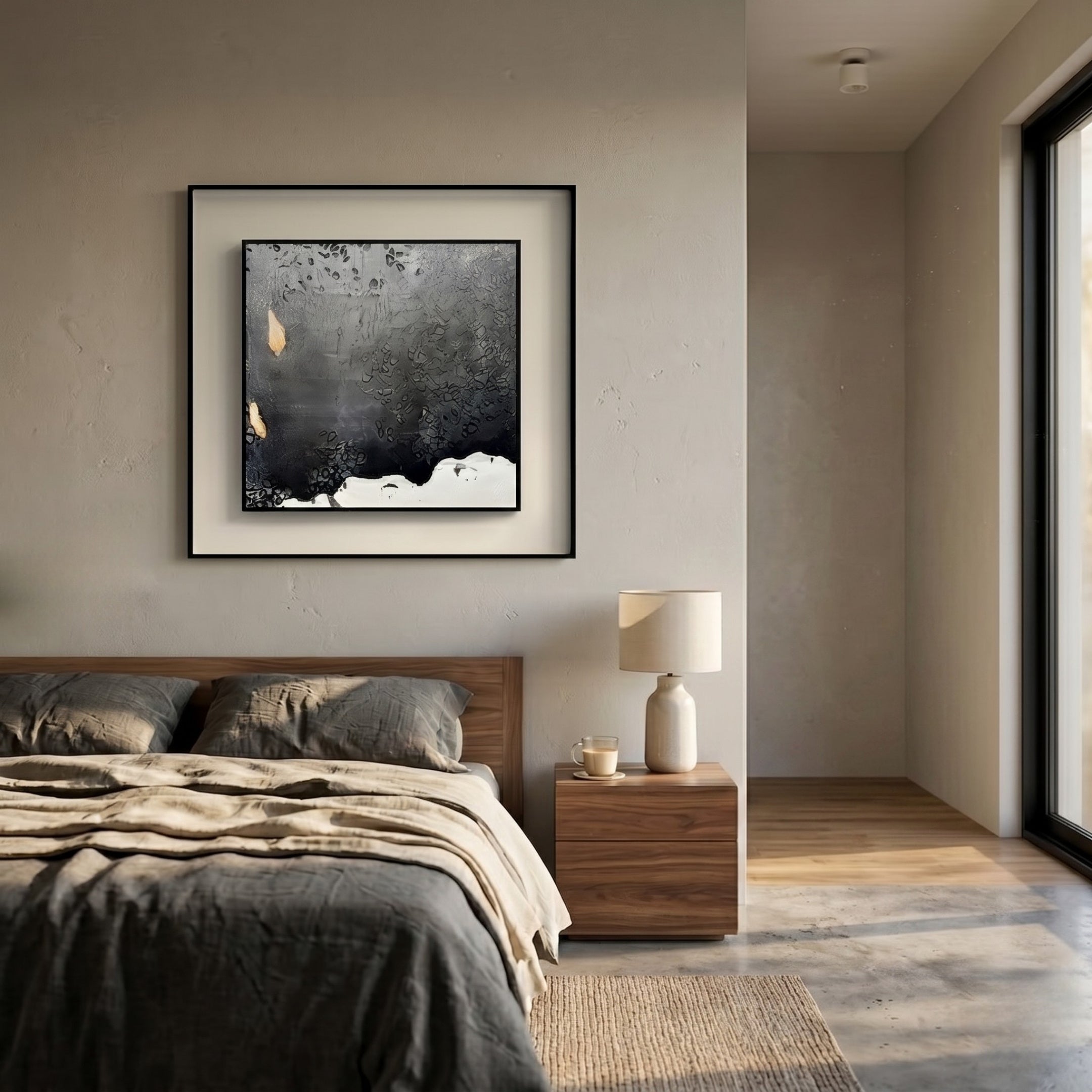 A modern bedroom features a wooden bed, gray bedding, and a wooden nightstand with a lamp. Above the bed hangs Giant Sculptures' Stratonis Black Mist Gradient Textured Framed Wall Art, illuminated by sunlight from a floor-to-ceiling window.