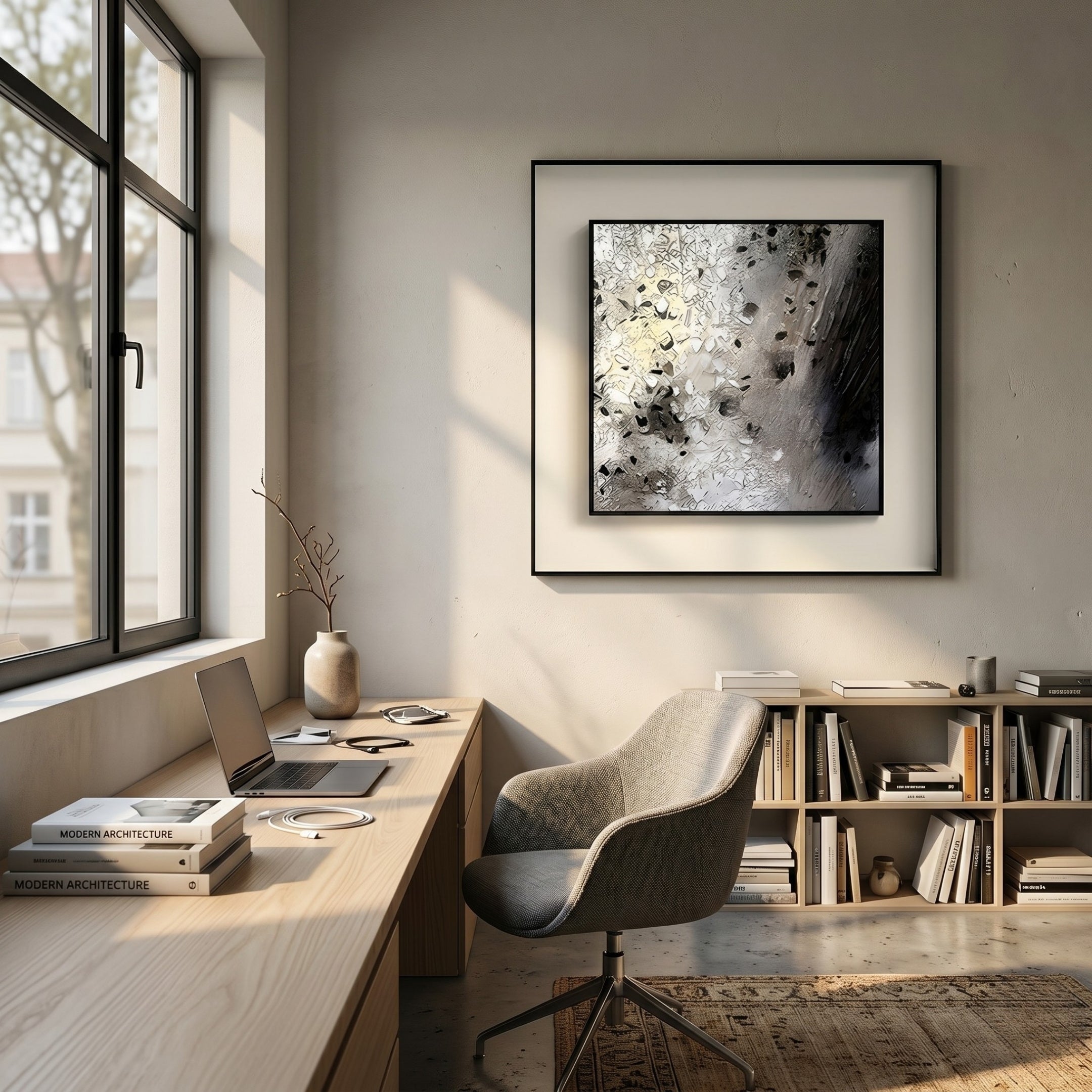 A modern home office with a large window, wooden desk, laptop, books, decorative vases, gray chair, shelves of books, and the Stratonis Fragmented Abstract Textured Framed Wall Art by Giant Sculptures displayed on the wall.