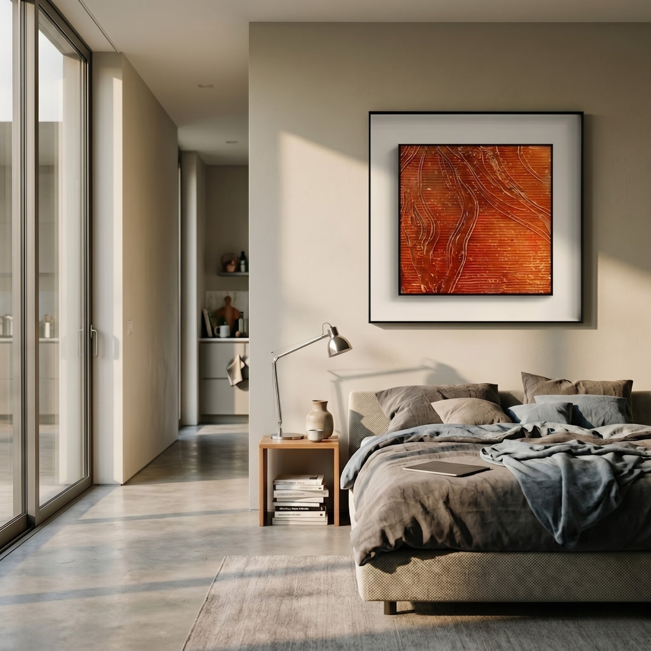 A modern bedroom with gray bedding, a bedside table with books and a lamp, large windows, and the Stratonis Ember Linear Textured Framed Wall Art by Giant Sculptures boldly displayed above the bed.