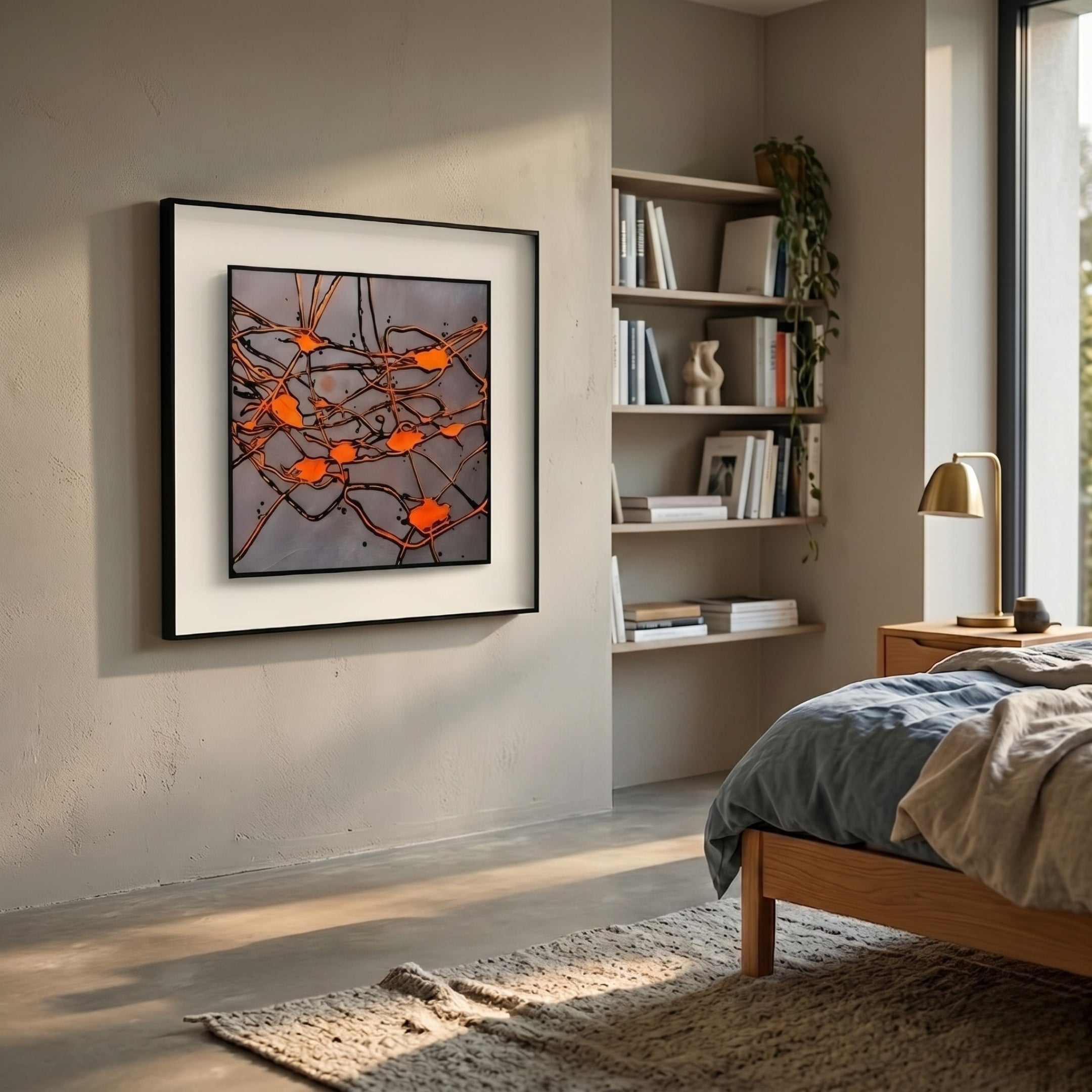 A modern bedroom features a neatly made bed, wooden bookshelf, and stylish decor. On the light gray wall hangs the Stratonis Orange Drip Abstract Textured Framed Wall Art by Giant Sculptures, with sunlight streaming through a nearby window.
