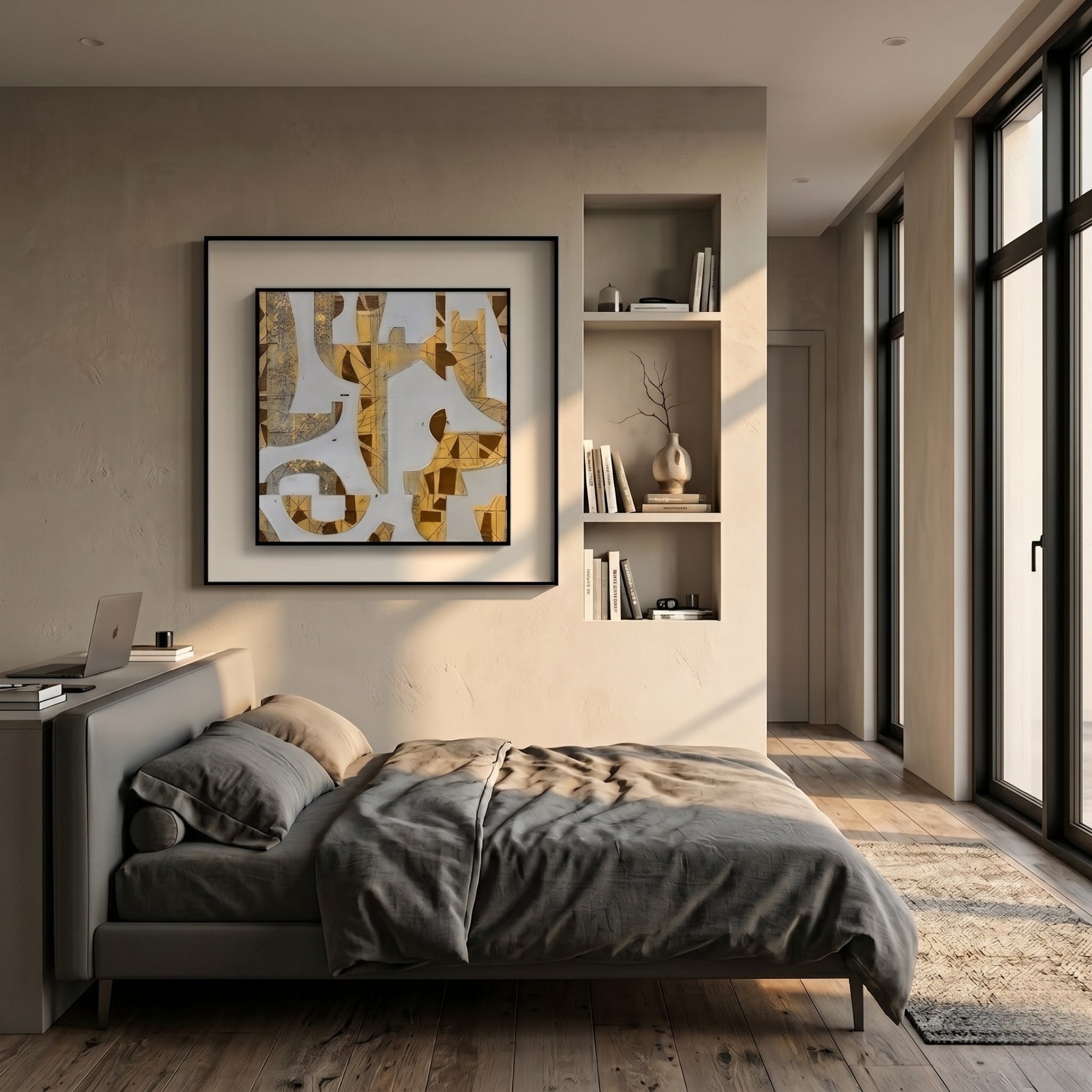 A modern bedroom with a low grey bed, minimalist bedding, wall-mounted desk with a laptop, large windows, wooden floors, built-in shelves with decor items, and Stratonis Yellow Abstract Textured Framed Wall Art by Giant Sculptures above the bed.