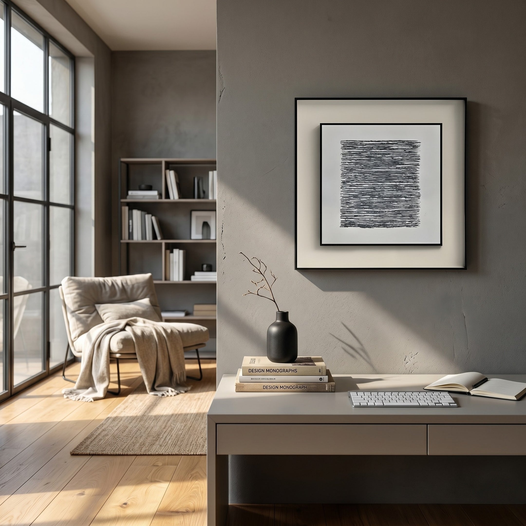 A modern, minimalist home office features a gray wall with the Stratonis Grey Linework Textured Framed Wall Art by Giant Sculptures, books, and a black vase on the desk. Sunlight streams in from large windows; a cozy chair and bookshelf complete the scene.