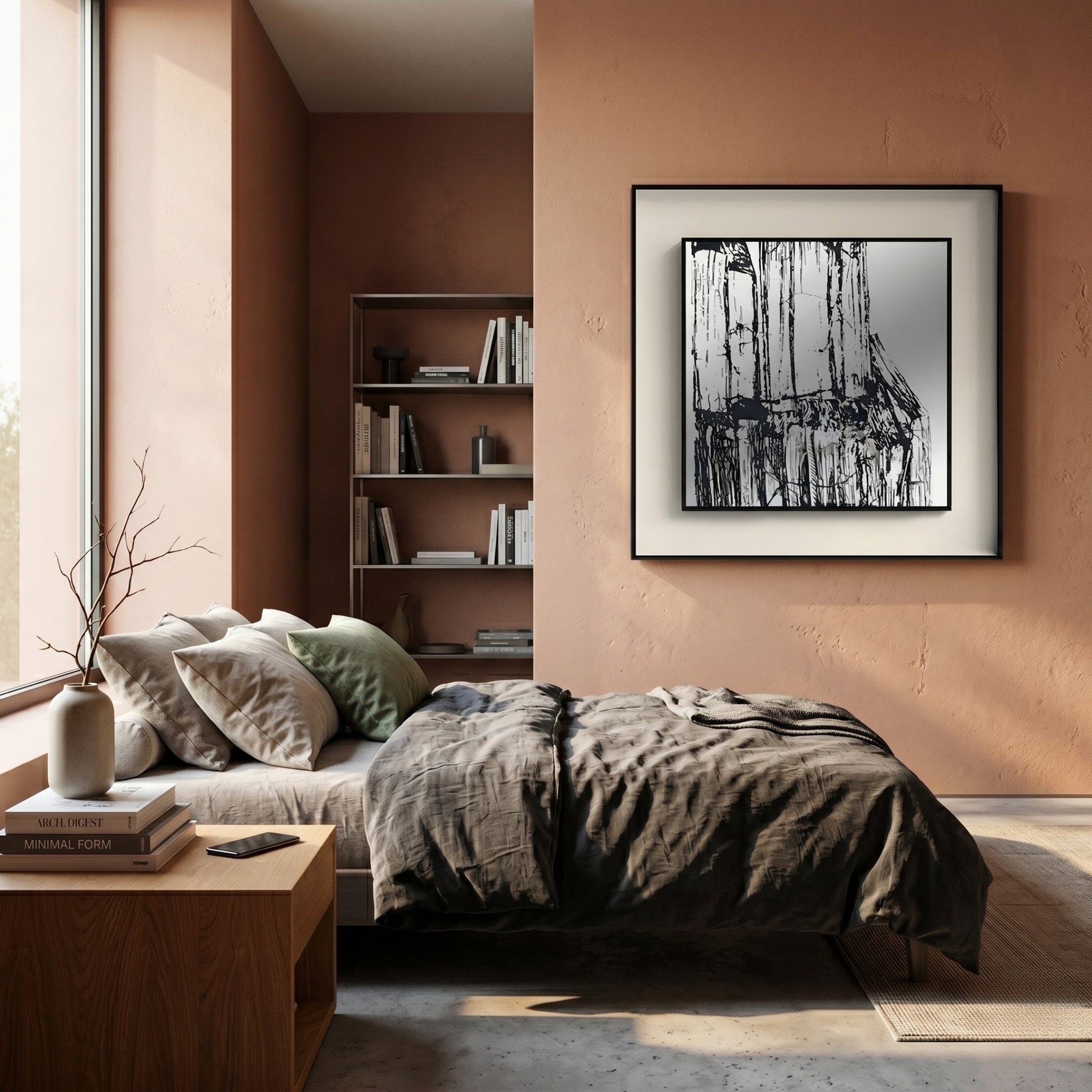 A modern bedroom with pinkish-brown walls, a low bed in gray and green bedding, a wooden nightstand and bookshelf with books, and the Stratonis Monochrome Abstract Textured Framed Wall Art by Giant Sculptures above the bed.