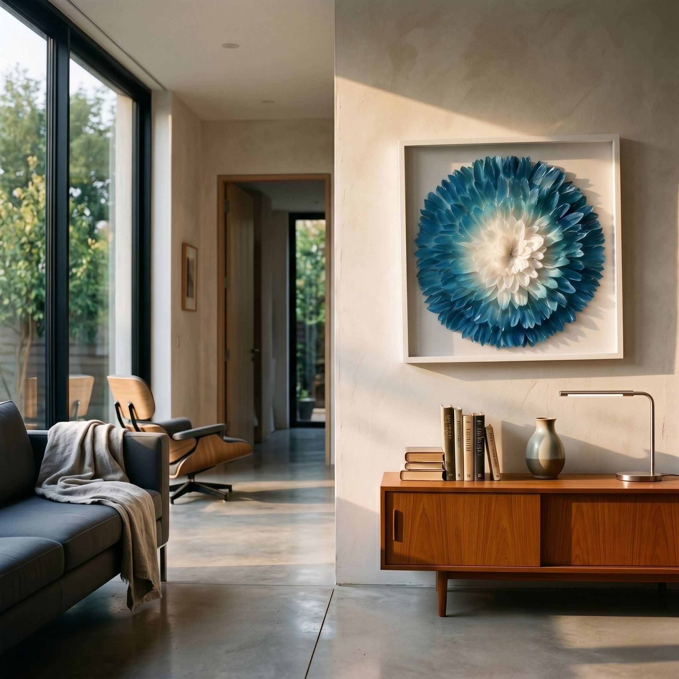 A modern living room with large windows, a gray sofa, a wooden credenza with books and a lamp, and the Plumesse Deep Blue Bloom Layered Feather 3D Wall Art by Giant Sculptures. Sunlight streams in, creating a calm and inviting atmosphere.