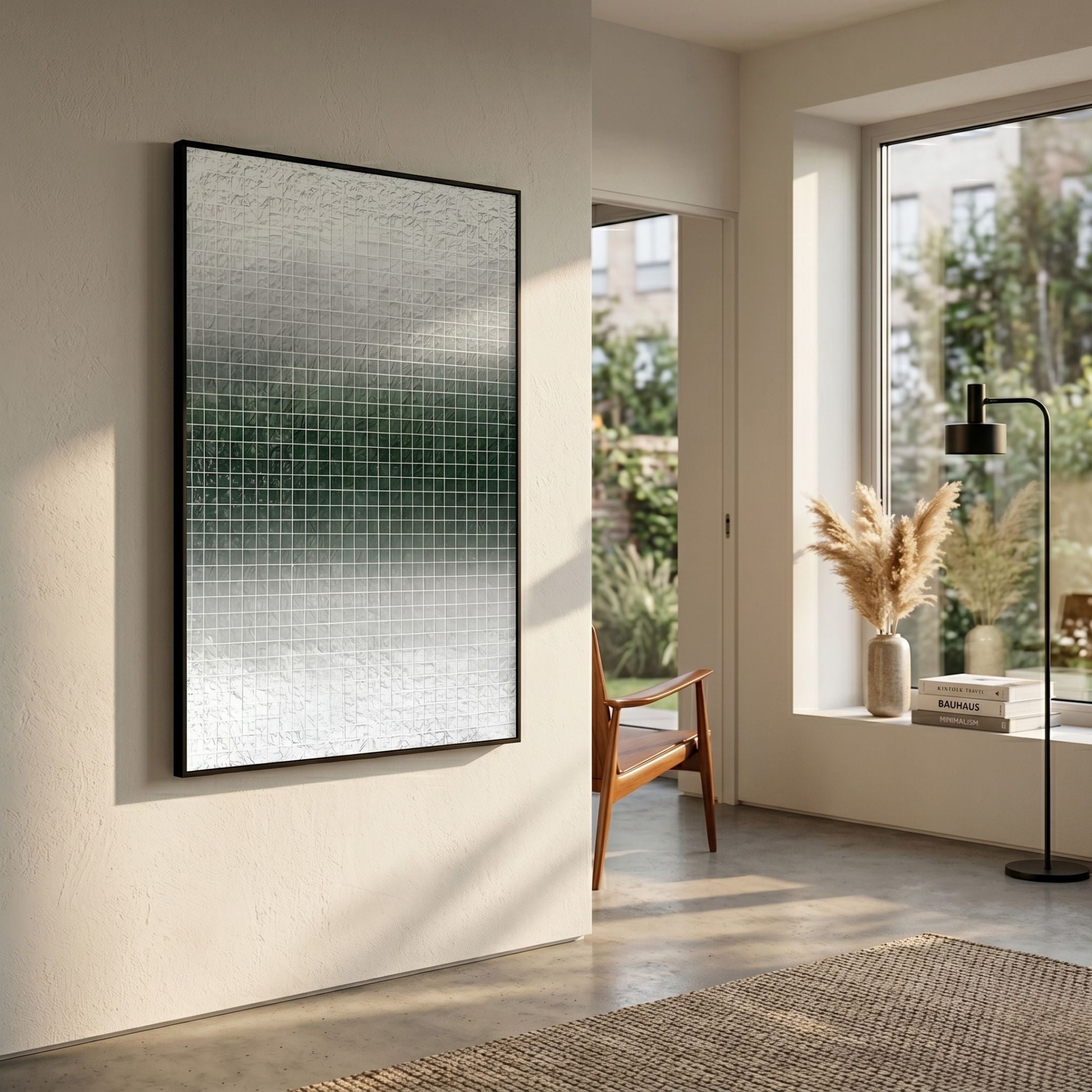 A modern, minimalist living space featuring Giant Sculptures’ Gridelle Silver & Green Gradient Grid 3D Paper Wall Art, a mid-century wooden chair, potted pampas grass, a floor lamp, and expansive windows flooding the room with light.