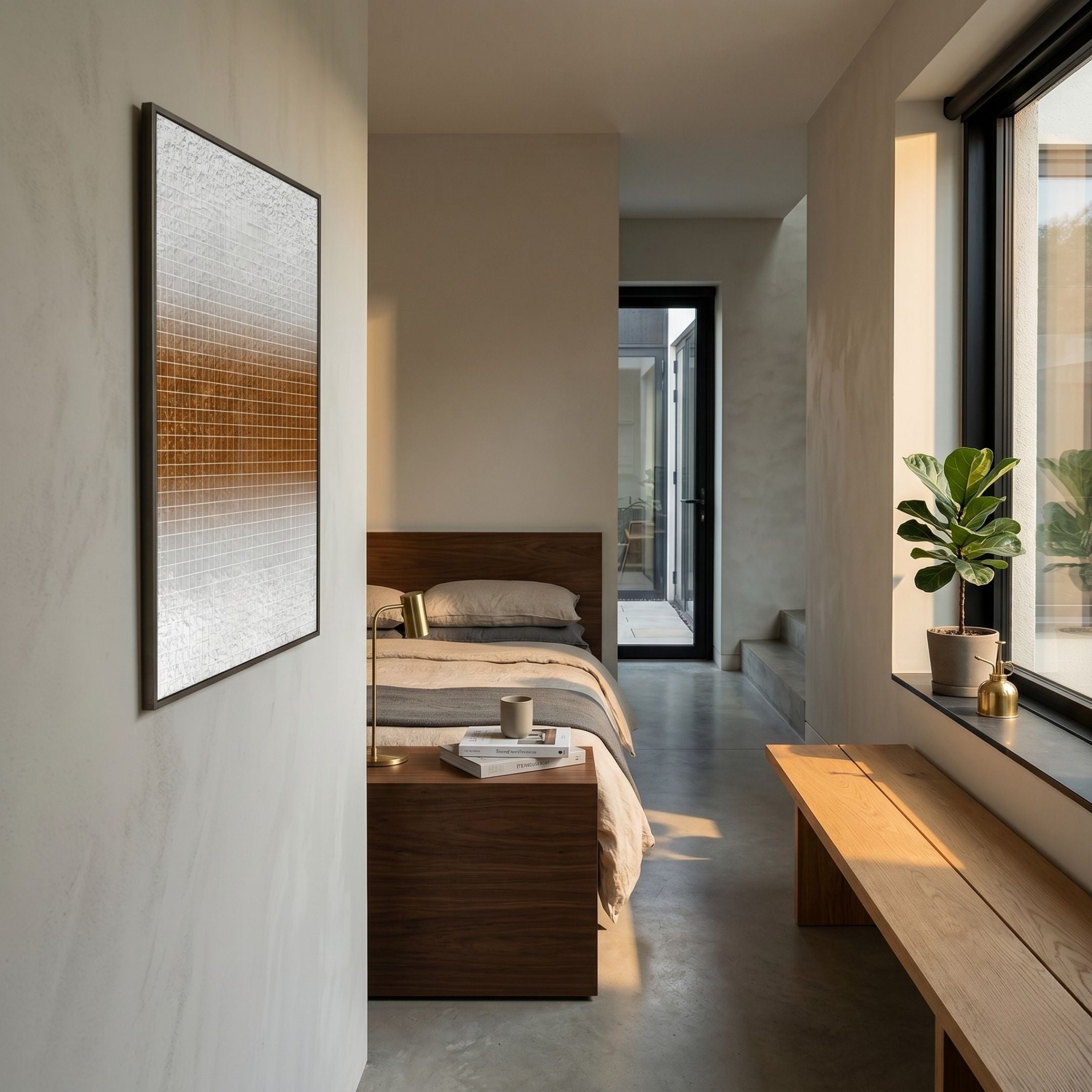 Minimalist bedroom with a single bed, wooden headboard, nightstand with books and a cup, large window, wooden bench, potted plant, and Giant Sculptures’ Gridelle Silver & Amber Gradient Grid 3D Paper Wall Art. Natural light fills the space.