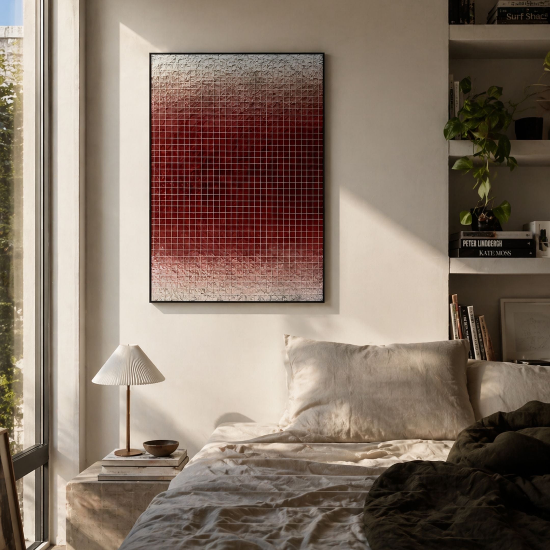 A cozy bedroom features beige bedding, a small bedside table with a pleated lamp and bowl, and Giant Sculptures' Gridelle Crimson Fade Gradient Grid 3D Paper Wall Art hanging above the bed. Sunlight streams in, highlighting the modern decor.