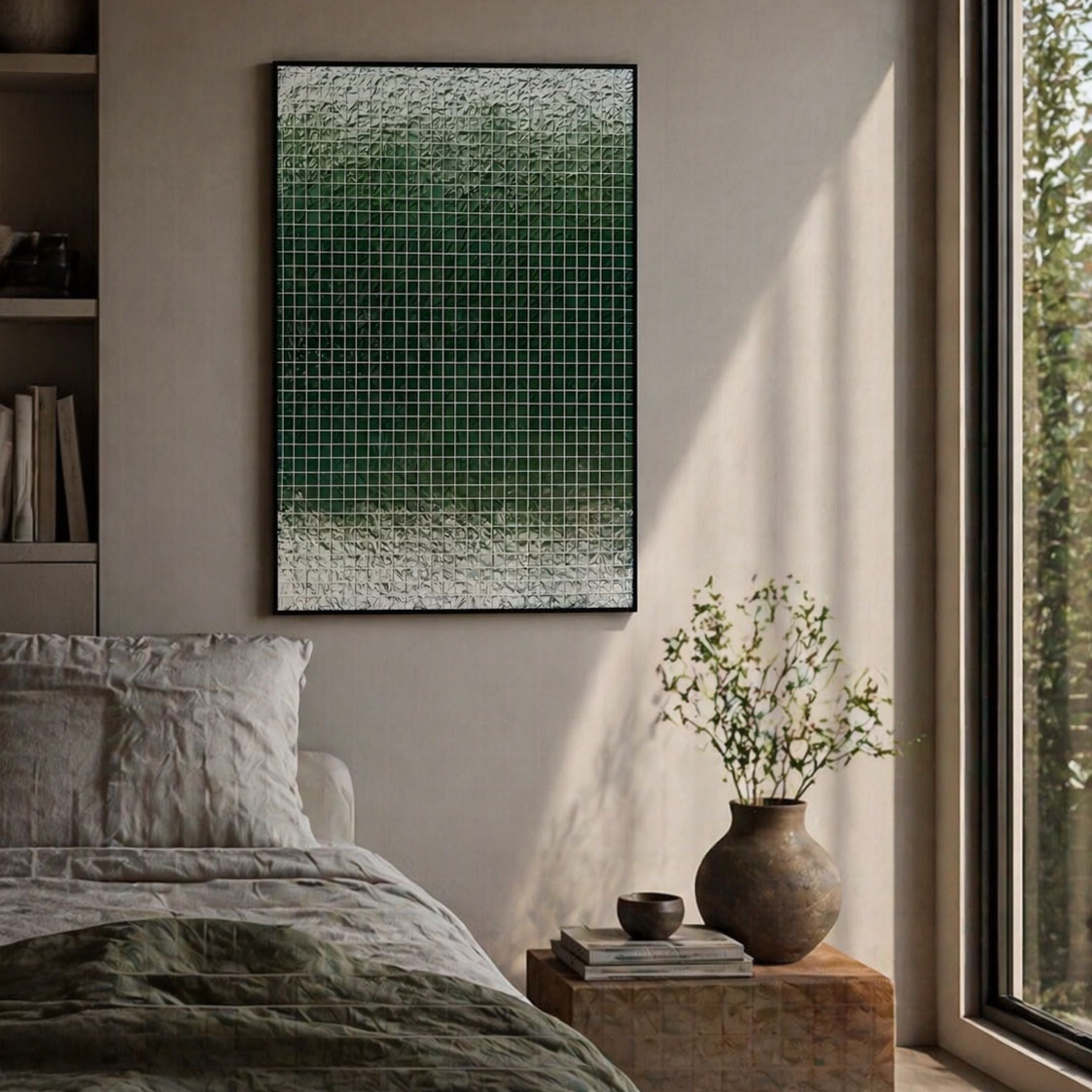 A cozy, sunlit bedroom features a bed with a green blanket and pillows. Above the bed hangs the Gridelle Forest Fade Gradient Grid 3D Paper Wall Art by Giant Sculptures. By the window, a textured table holds a ceramic vase with leafy plant.