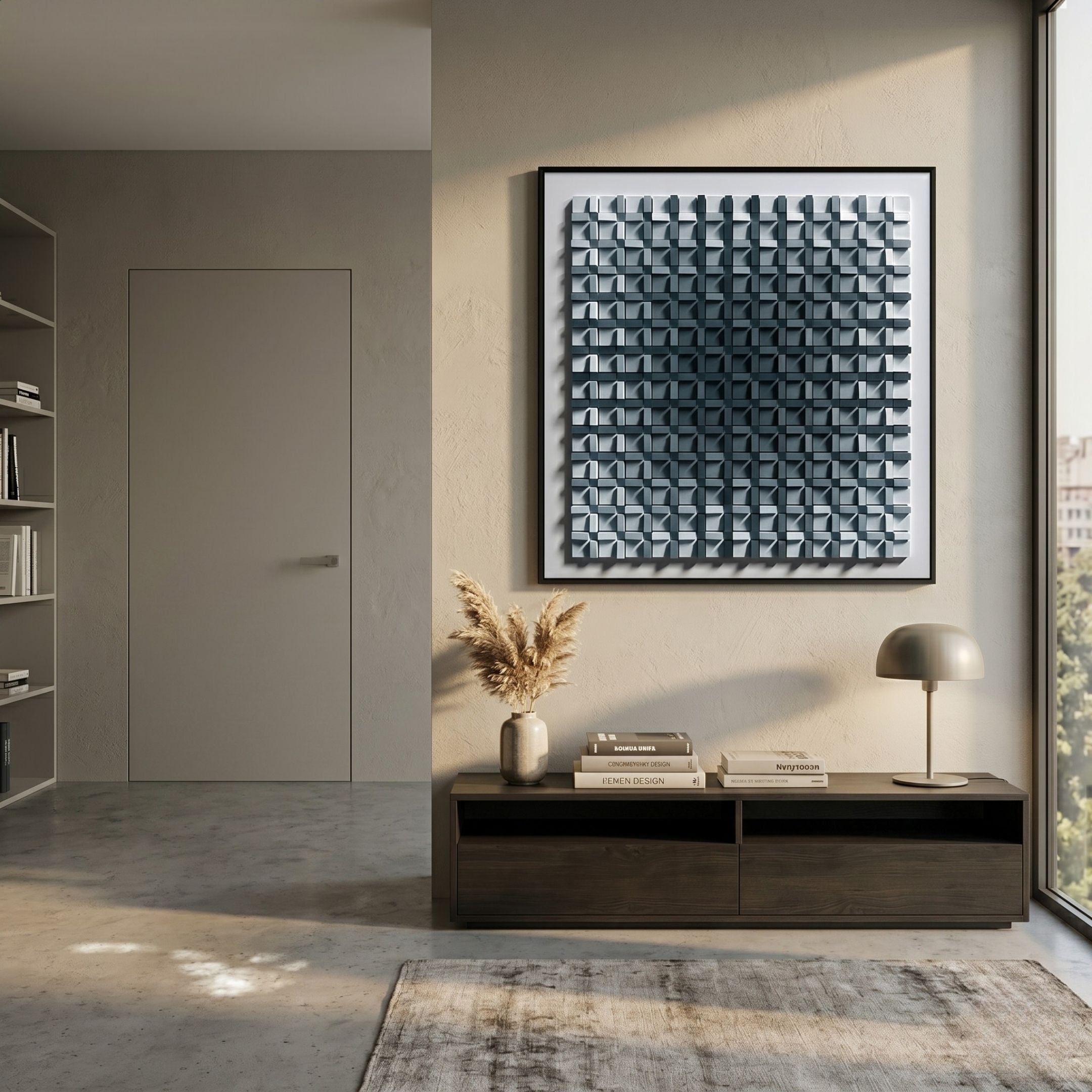 A modern minimalist living room features the Gradisect Steel Blue Fade Geometric 3D Wooden Wall Art by Giant Sculptures above a low wooden console with a lamp and vase of dried grasses, a neutral rug, bookshelves, and sunlight streaming through the window.