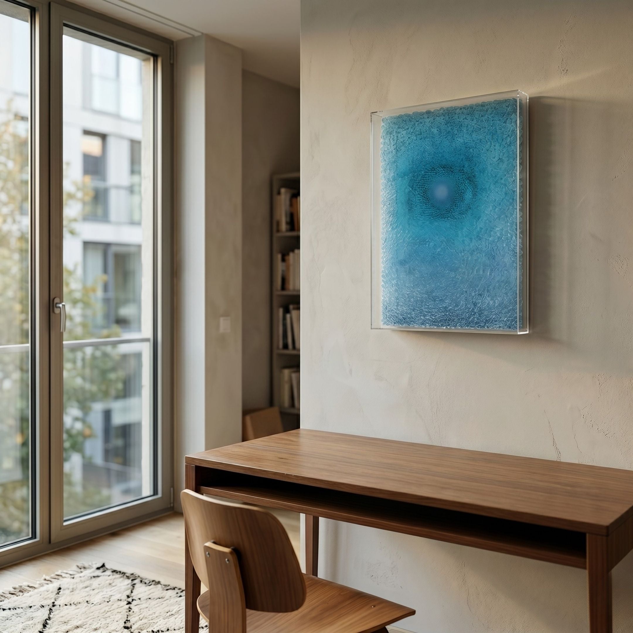 A minimalist room with a wooden desk and chair features the Lumora Aqua Blue Acrylic Framed 3D Paper Wall Art by Giant Sculptures. A large window, bookshelves in the corner, and natural light enhance the modern vibe.
