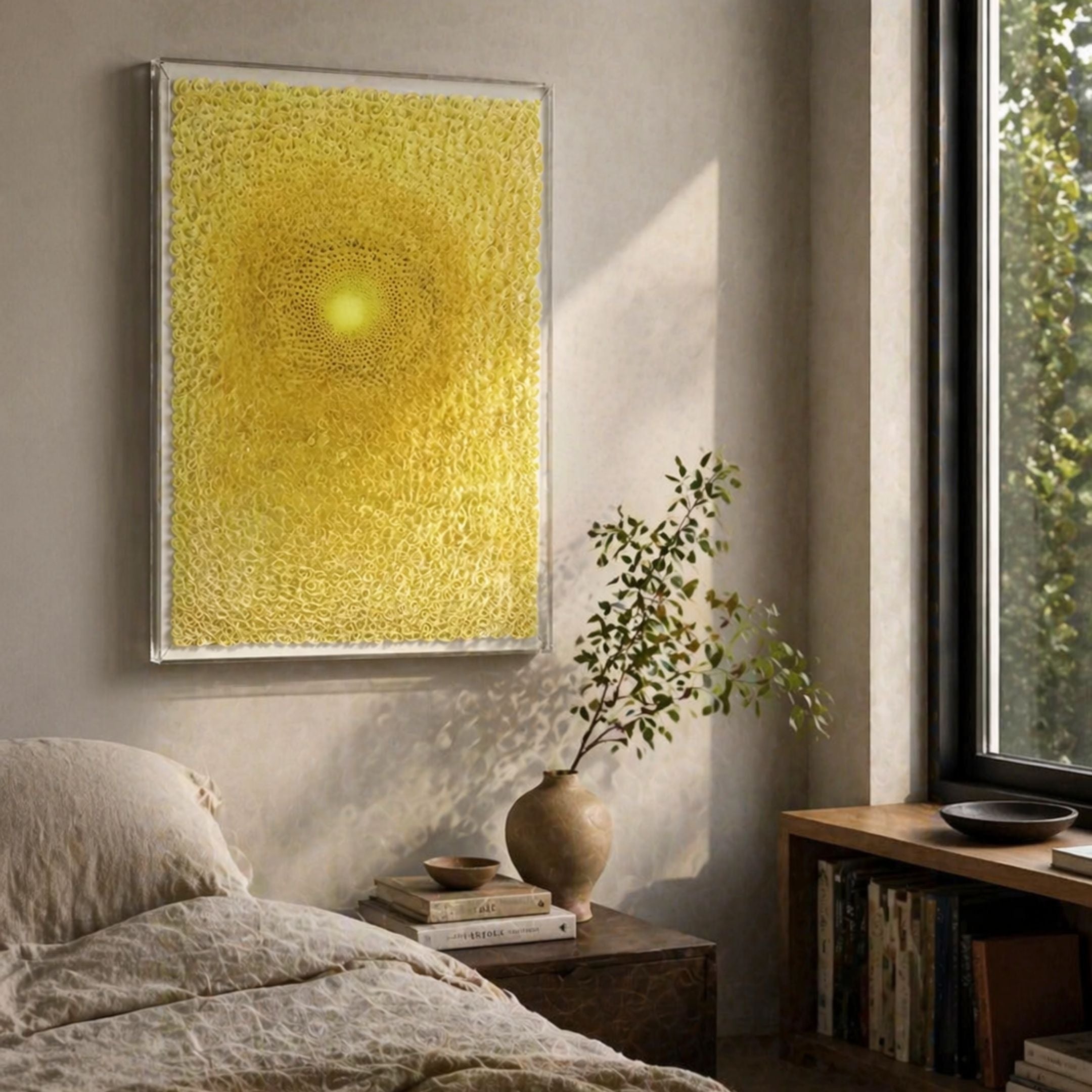 A cozy bedroom features a bed with light bedding, a wooden nightstand with books, and a ceramic vase. Above the bed, Giant Sculptures’ Lumora Sunburst Yellow Acrylic Framed 3D Paper Wall Art brings vibrant color near the sunlit window.